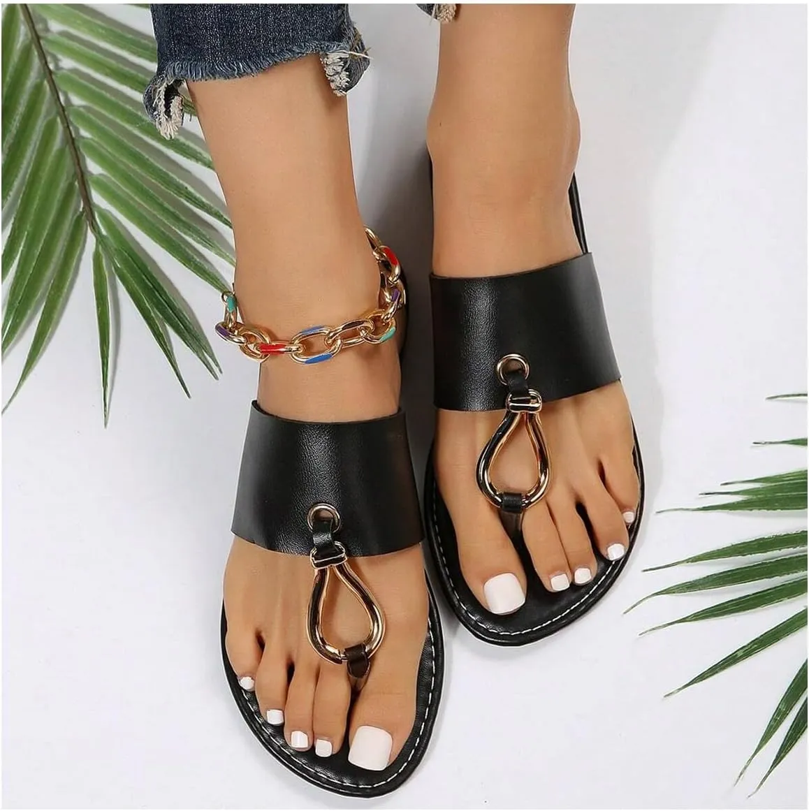 GORGLITTER Women's Ring Thong Flat Sandals Open Toe Flip Flops Leather Slippers Dressy Slides