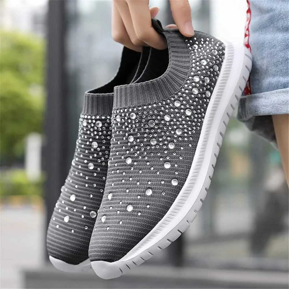 GOSPT Women's Mesh Walking Shoes Rhinestone Glitter Slip On Ballroom Jazz Latin Dance Sock Sneakers
