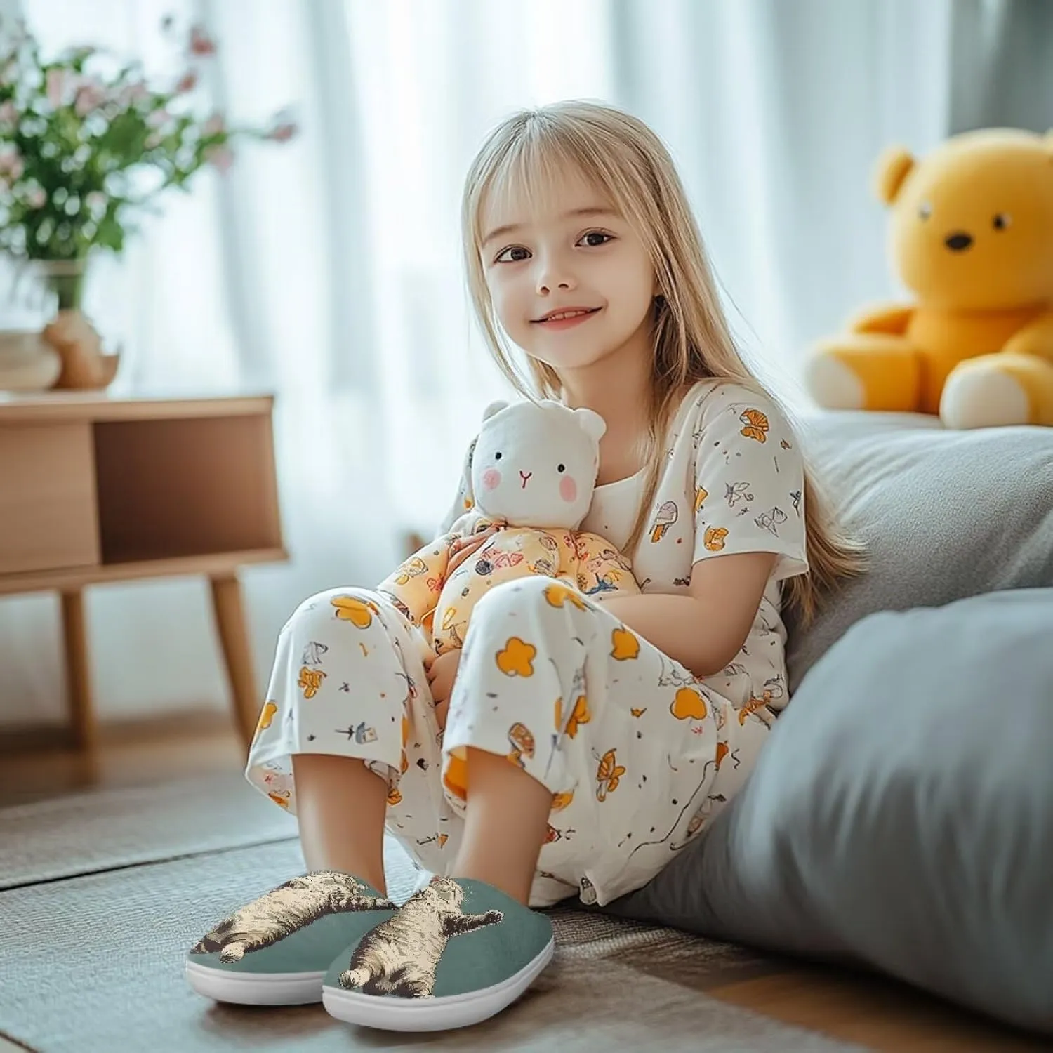 GOSTONG Unisex Kids Slippers Casual Home Slippers Warm Fuzzy Winter Slippers Non Slip Soft Walking Shoes White Sole US 9-16