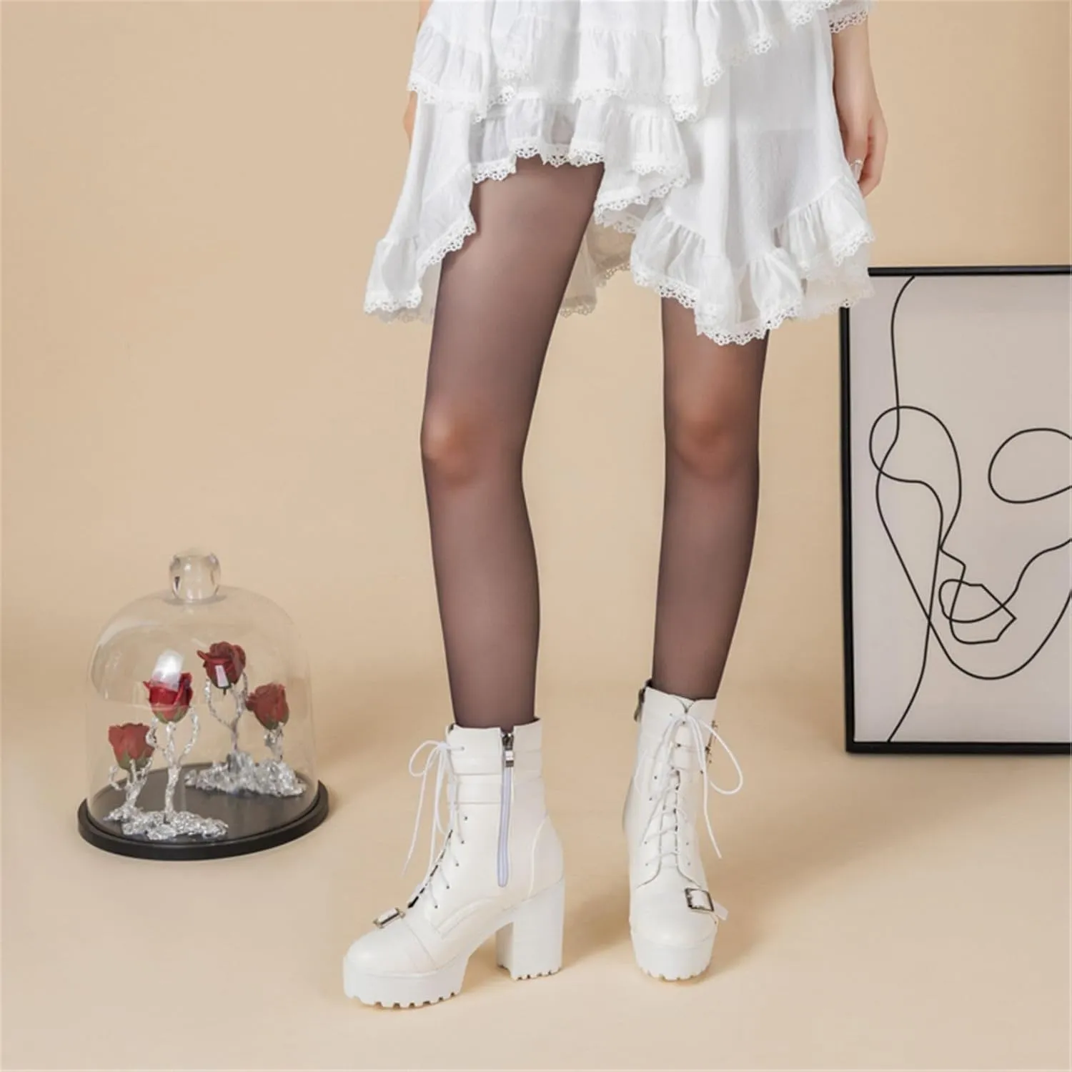 Goth Boots Chunky Heel Boot For Women Ankle Combat Booties Black Platform Bootie Buckle Rivets Punk Goth Shoes With Zipper