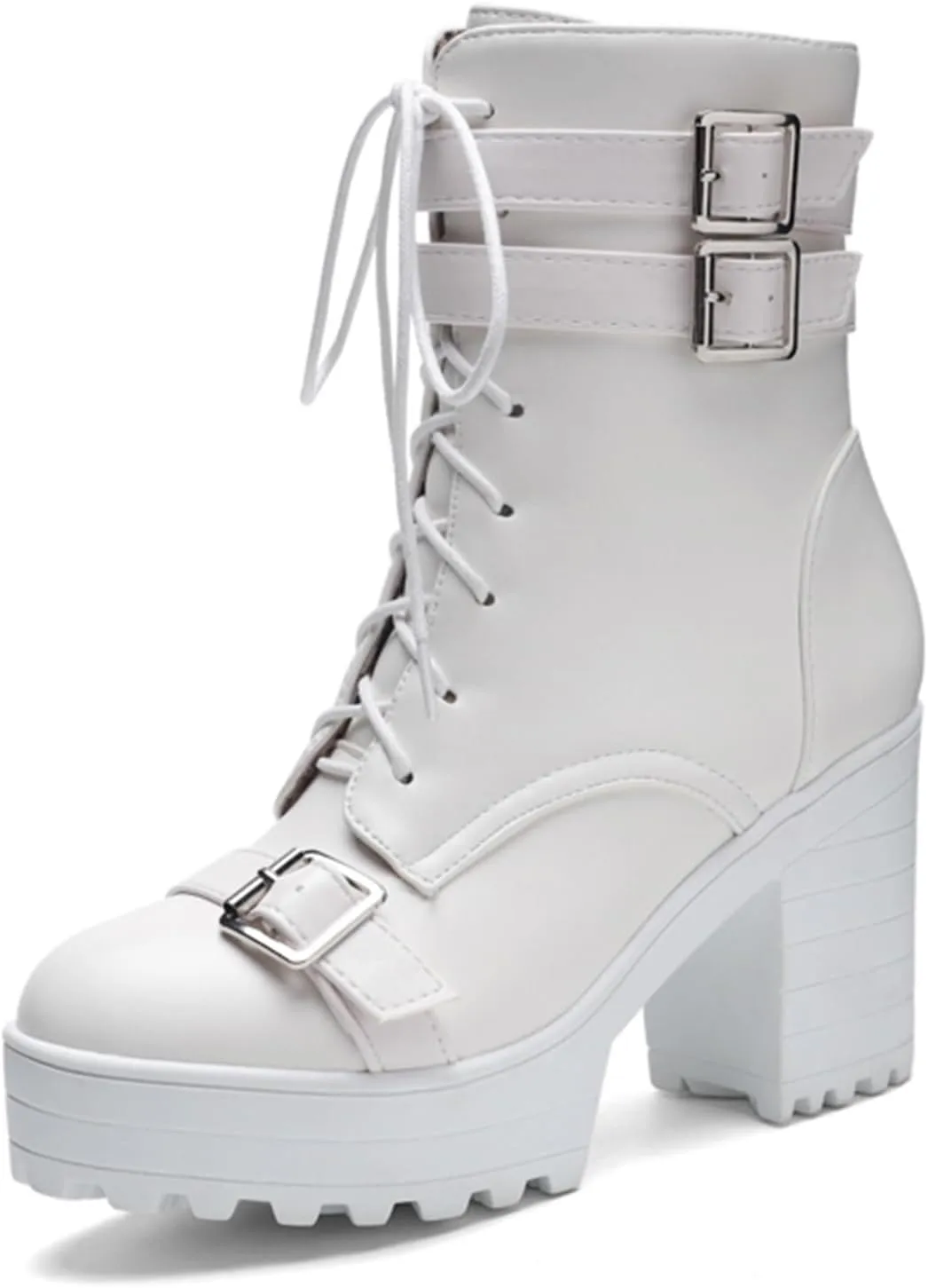 Goth Boots Chunky Heel Boot For Women Ankle Combat Booties Black Platform Bootie Buckle Rivets Punk Goth Shoes With Zipper
