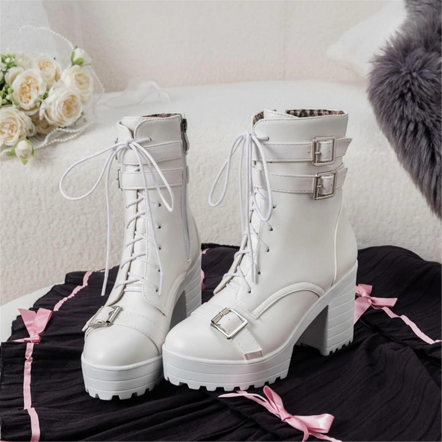 Goth Boots Chunky Heel Boot For Women Ankle Combat Booties Black Platform Bootie Buckle Rivets Punk Goth Shoes With Zipper