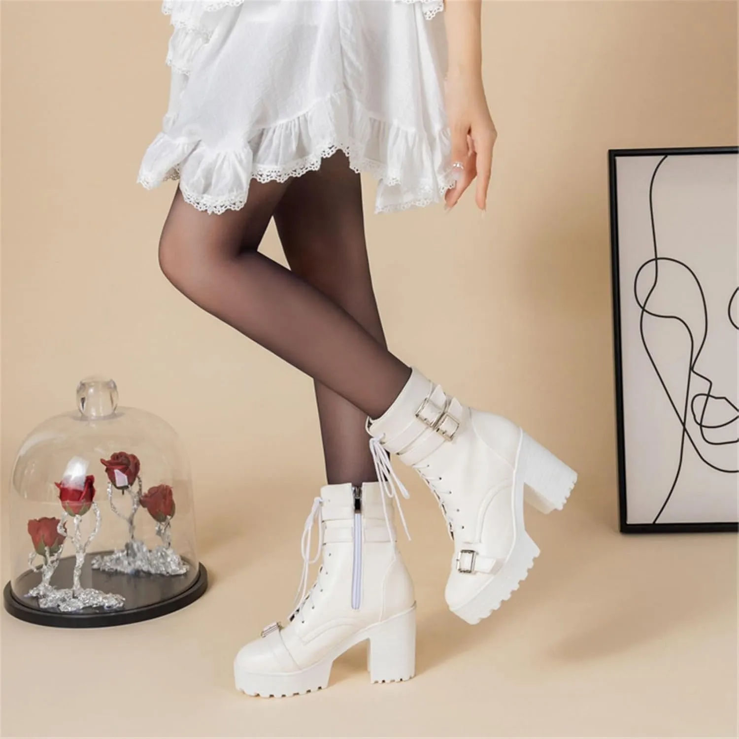 Goth Boots Chunky Heel Boot For Women Ankle Combat Booties Black Platform Bootie Buckle Rivets Punk Goth Shoes With Zipper