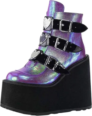 GUNIYIFS Womens Platform Ankle Boots Gothic Combat Boots Wedges Chunky Heel Booties Studded Buckle Lace Up Round Toe Boots