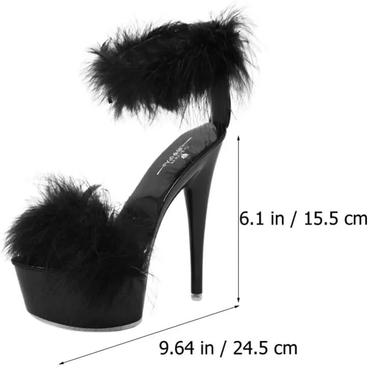 Happyyami 1Pair WomenS Fluffy Feather Clear High Heels Faux Fur Heels Sandals Pointed Toe Fuzzy Slippers High Heels Sandals