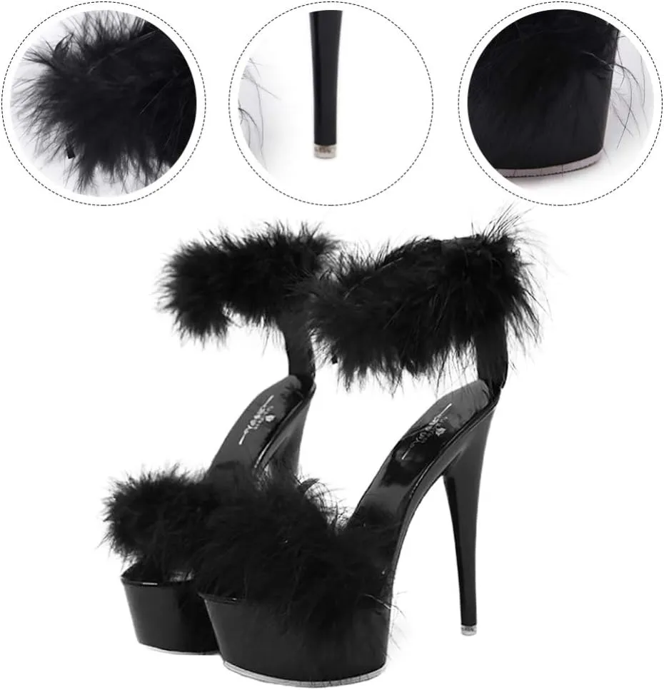 Happyyami 1Pair WomenS Fluffy Feather Clear High Heels Faux Fur Heels Sandals Pointed Toe Fuzzy Slippers High Heels Sandals