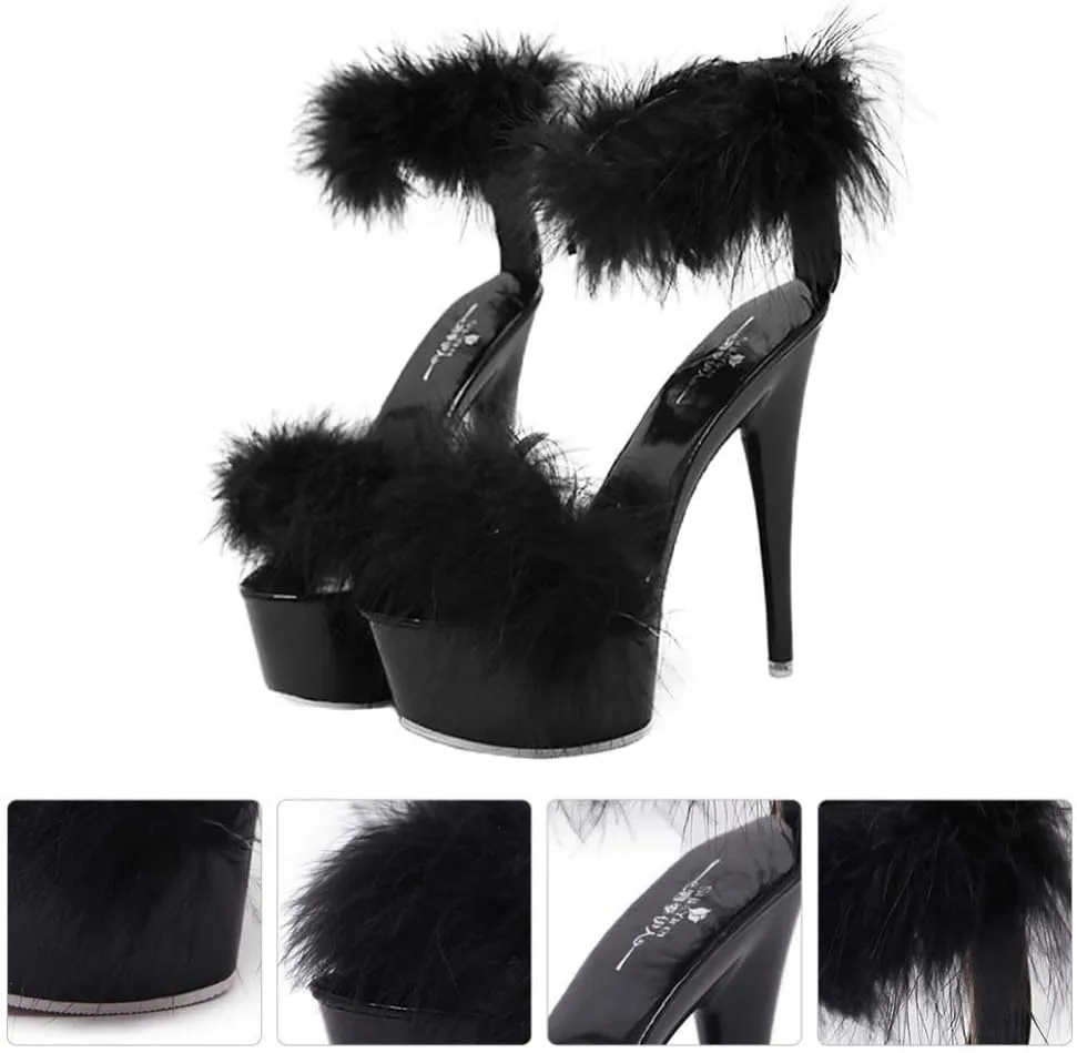 Happyyami 1Pair WomenS Fluffy Feather Clear High Heels Faux Fur Heels Sandals Pointed Toe Fuzzy Slippers High Heels Sandals