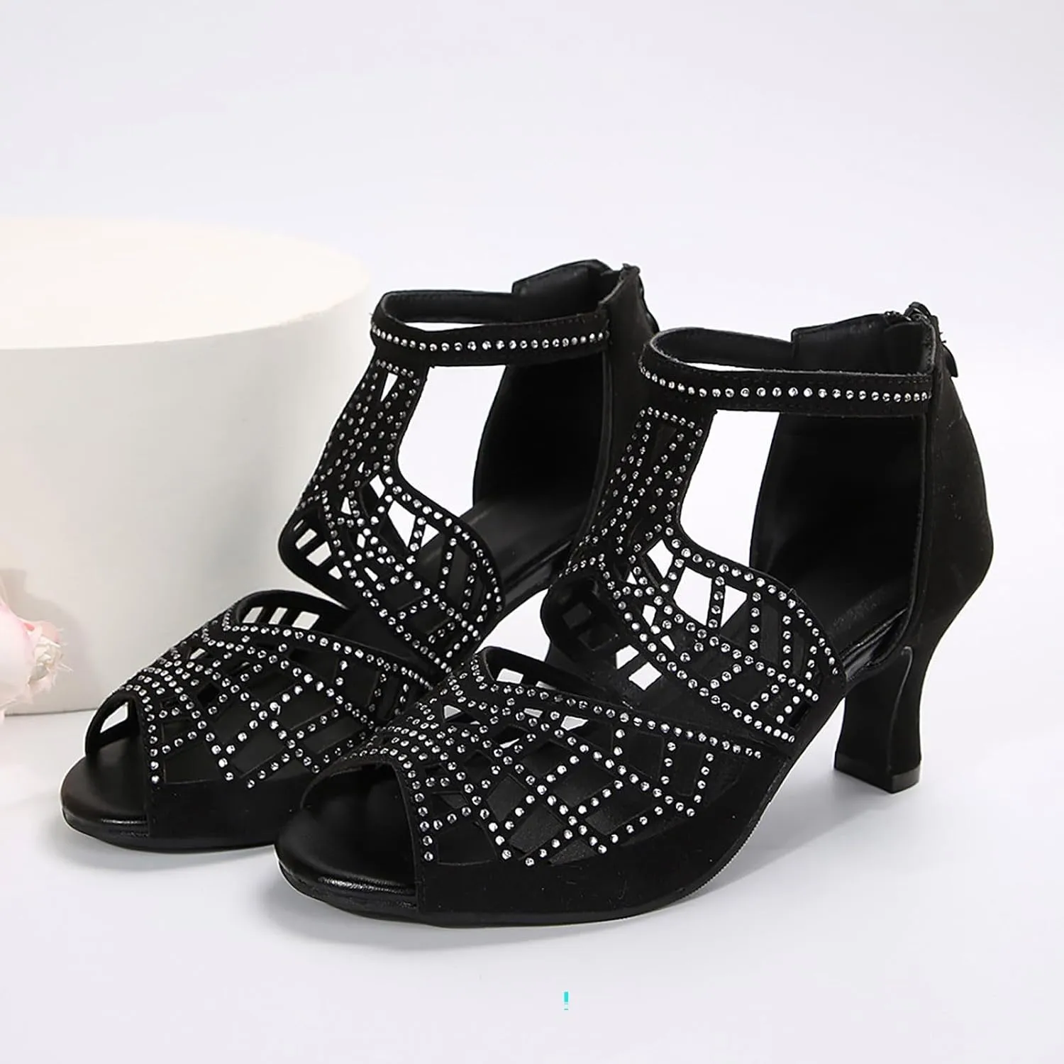 Heels for Women Kitten Heel Rhinestones Hollow Out Sparkly Strap Low Sandals Peep Toe Backless Orthopedic Sandal with Zipper Dressy Fashion Shoes for Wedding Bridal Evening Cocktail