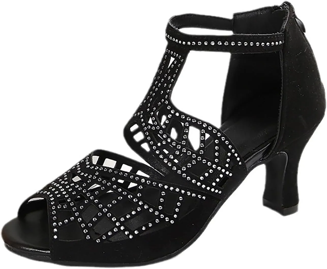 Heels for Women Kitten Heel Rhinestones Hollow Out Sparkly Strap Low Sandals Peep Toe Backless Orthopedic Sandal with Zipper Dressy Fashion Shoes for Wedding Bridal Evening Cocktail