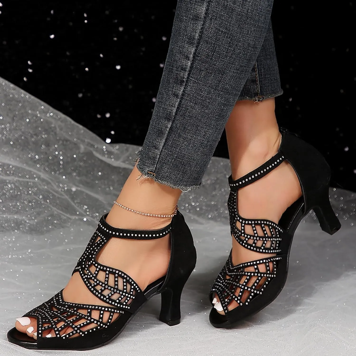 Heels for Women Kitten Heel Rhinestones Hollow Out Sparkly Strap Low Sandals Peep Toe Backless Orthopedic Sandal with Zipper Dressy Fashion Shoes for Wedding Bridal Evening Cocktail