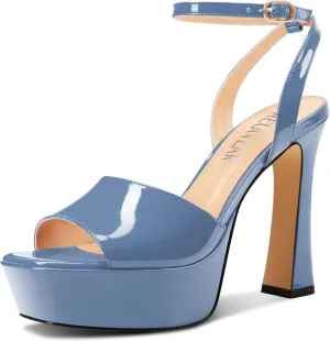 HEUIVZAR Womens Peep Open Square Toe Stiletto High Heel Ankle Strap Platform Sandals Prom Dress Shoes Patent Leather 4.7 Inches Heels
