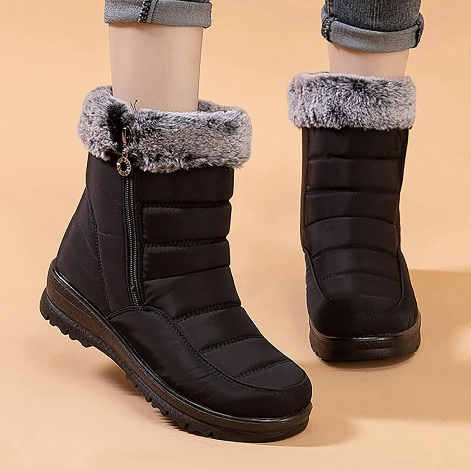 HINDOLA Womens Snow Boots Winter Warm Fur Lined Shoes Comfortable Side Zipper Ankle Booties Anti Slip Waterproof Outdoor Boots