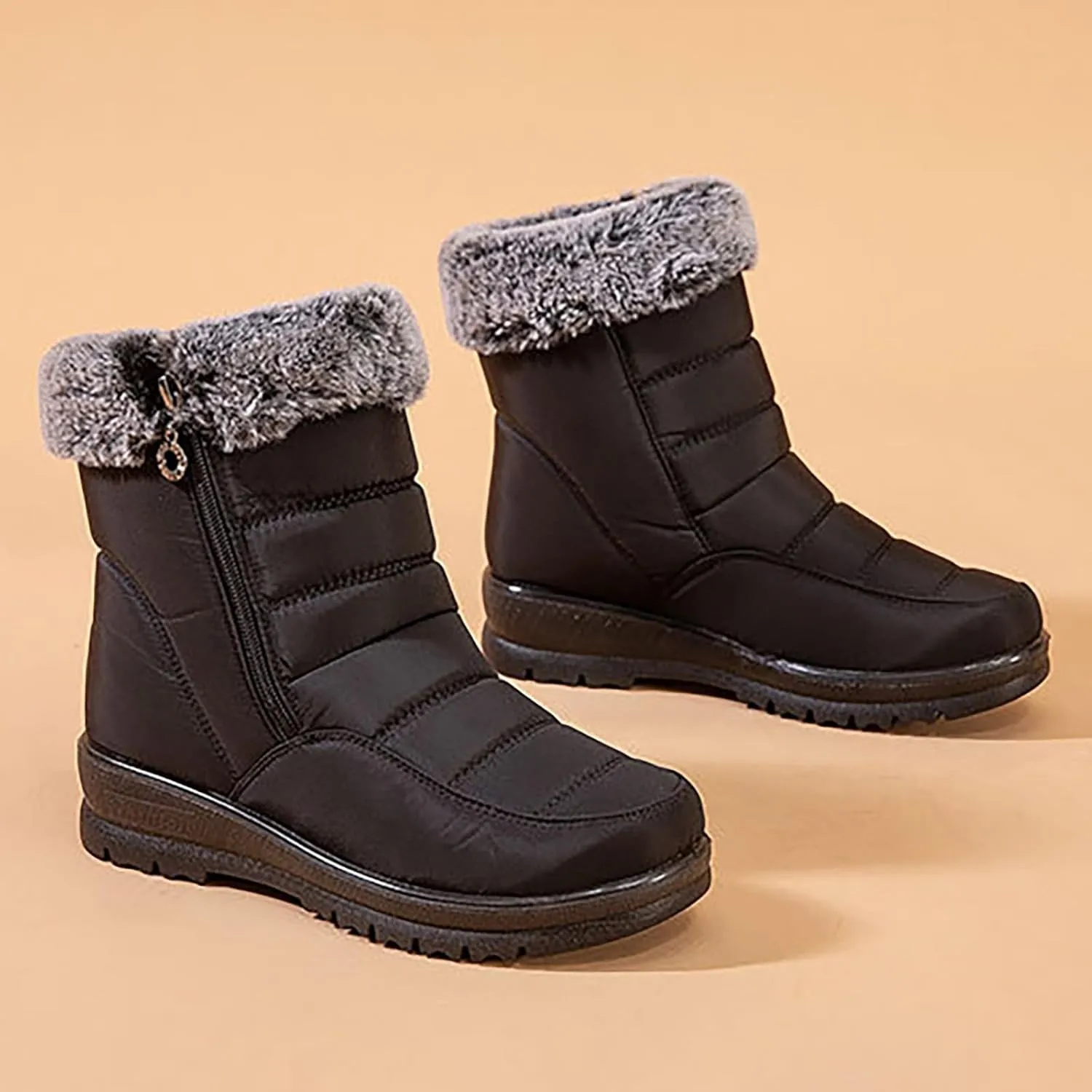 HINDOLA Womens Snow Boots Winter Warm Fur Lined Shoes Comfortable Side Zipper Ankle Booties Anti Slip Waterproof Outdoor Boots