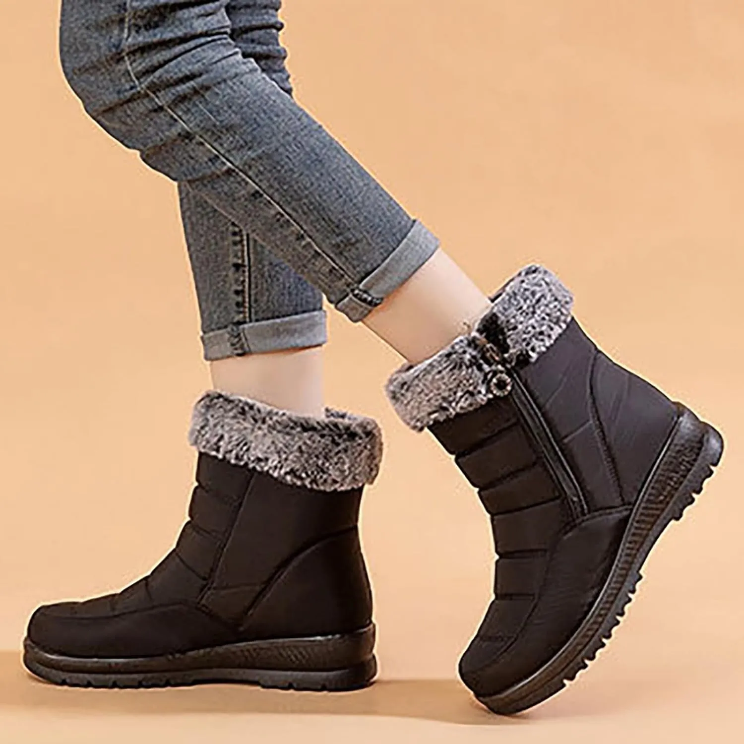 HINDOLA Womens Snow Boots Winter Warm Fur Lined Shoes Comfortable Side Zipper Ankle Booties Anti Slip Waterproof Outdoor Boots