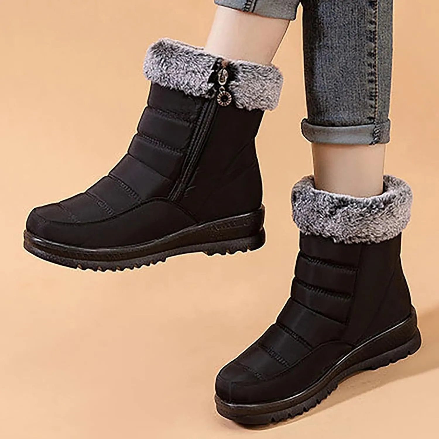 HINDOLA Womens Snow Boots Winter Warm Fur Lined Shoes Comfortable Side Zipper Ankle Booties Anti Slip Waterproof Outdoor Boots