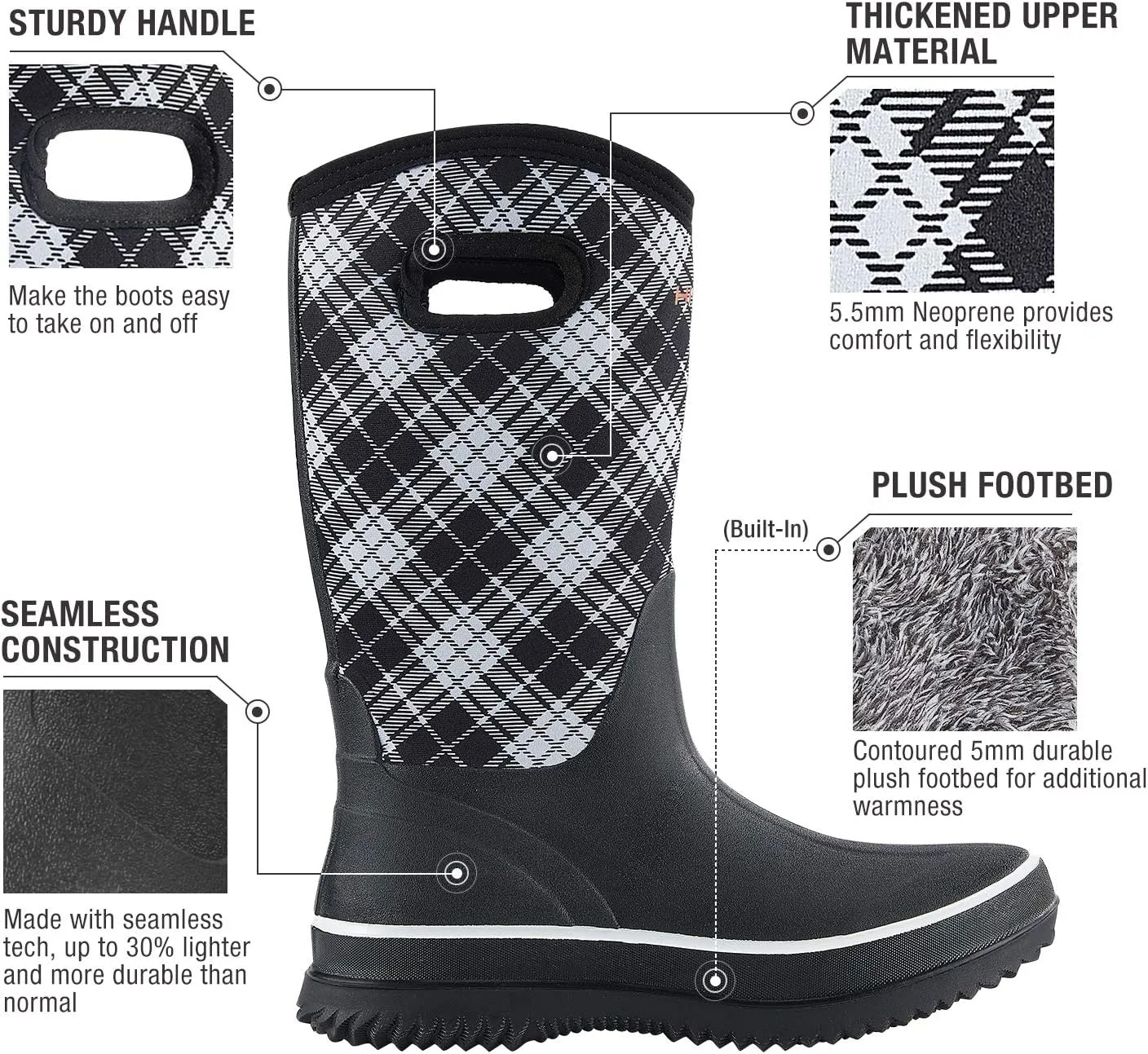 HISEA Women Mud Boots, Neoprene Rubber Garden Shoes Waterproof Mid Calf Rain Boots for Outdoor