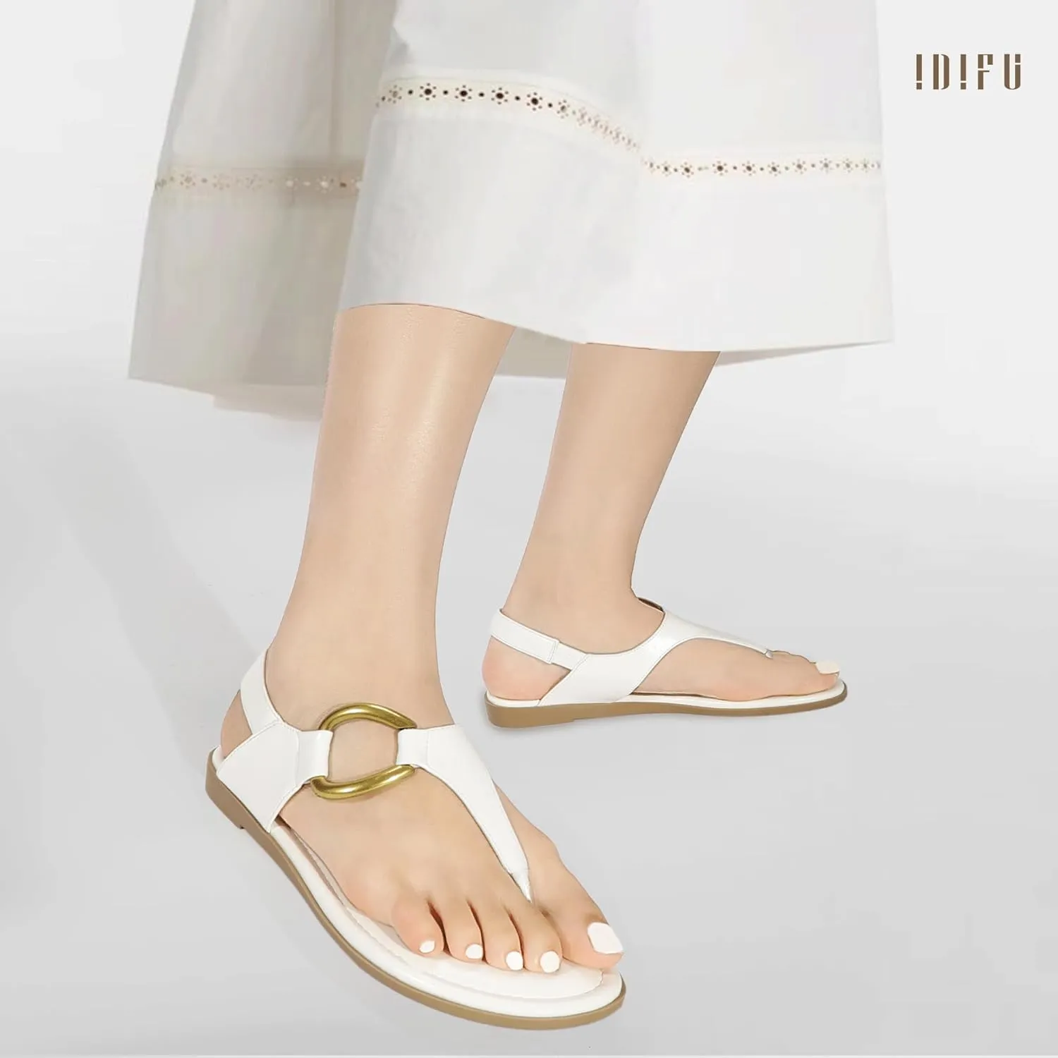 IDIFU Women's Dressy Flat Sandals Dress Thong Sandals T Strap Strappy Buckle Comfortable Sandals Summer Beach Wedding Bridal Cute Ladies Casual Fashion Trendy Flip Flops with Back Strap Flat Sandals