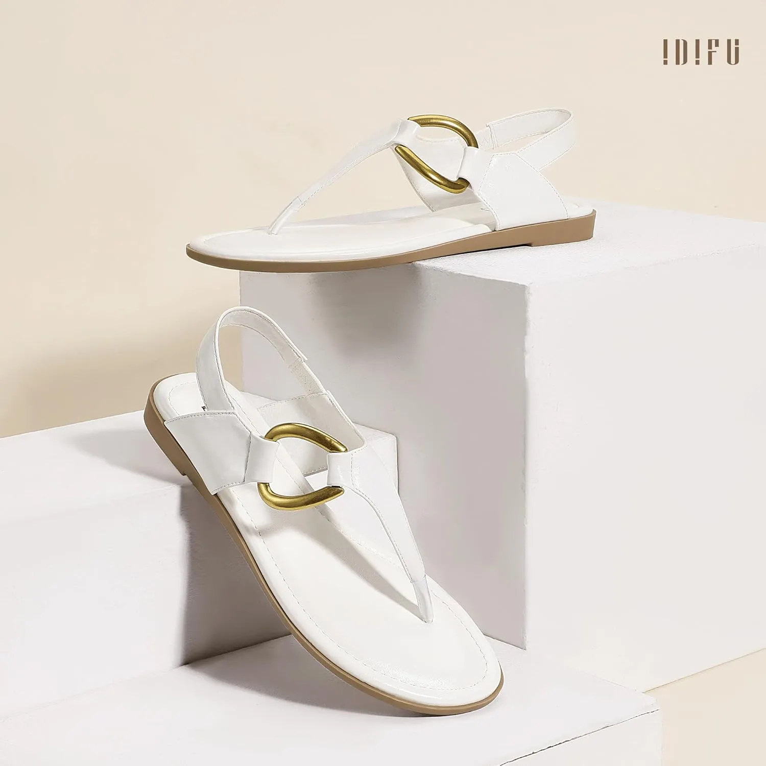 IDIFU Women's Dressy Flat Sandals Dress Thong Sandals T Strap Strappy Buckle Comfortable Sandals Summer Beach Wedding Bridal Cute Ladies Casual Fashion Trendy Flip Flops with Back Strap Flat Sandals