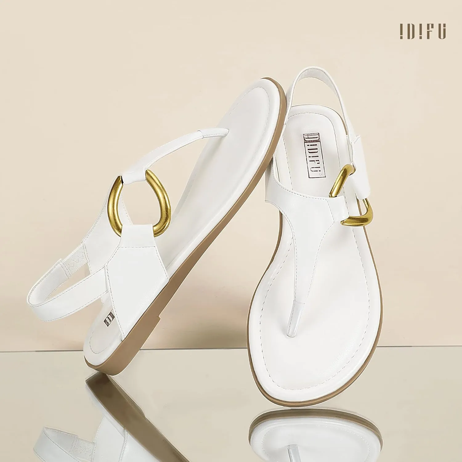 IDIFU Women's Dressy Flat Sandals Dress Thong Sandals T Strap Strappy Buckle Comfortable Sandals Summer Beach Wedding Bridal Cute Ladies Casual Fashion Trendy Flip Flops with Back Strap Flat Sandals
