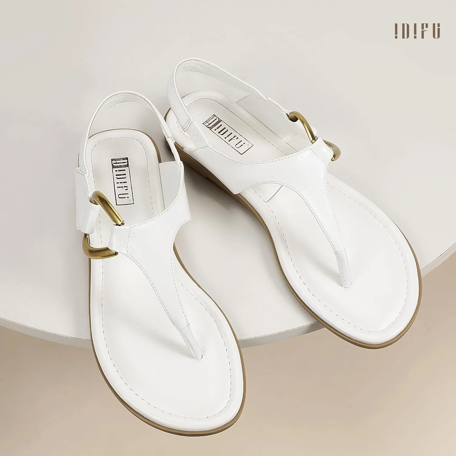 IDIFU Women's Dressy Flat Sandals Dress Thong Sandals T Strap Strappy Buckle Comfortable Sandals Summer Beach Wedding Bridal Cute Ladies Casual Fashion Trendy Flip Flops with Back Strap Flat Sandals