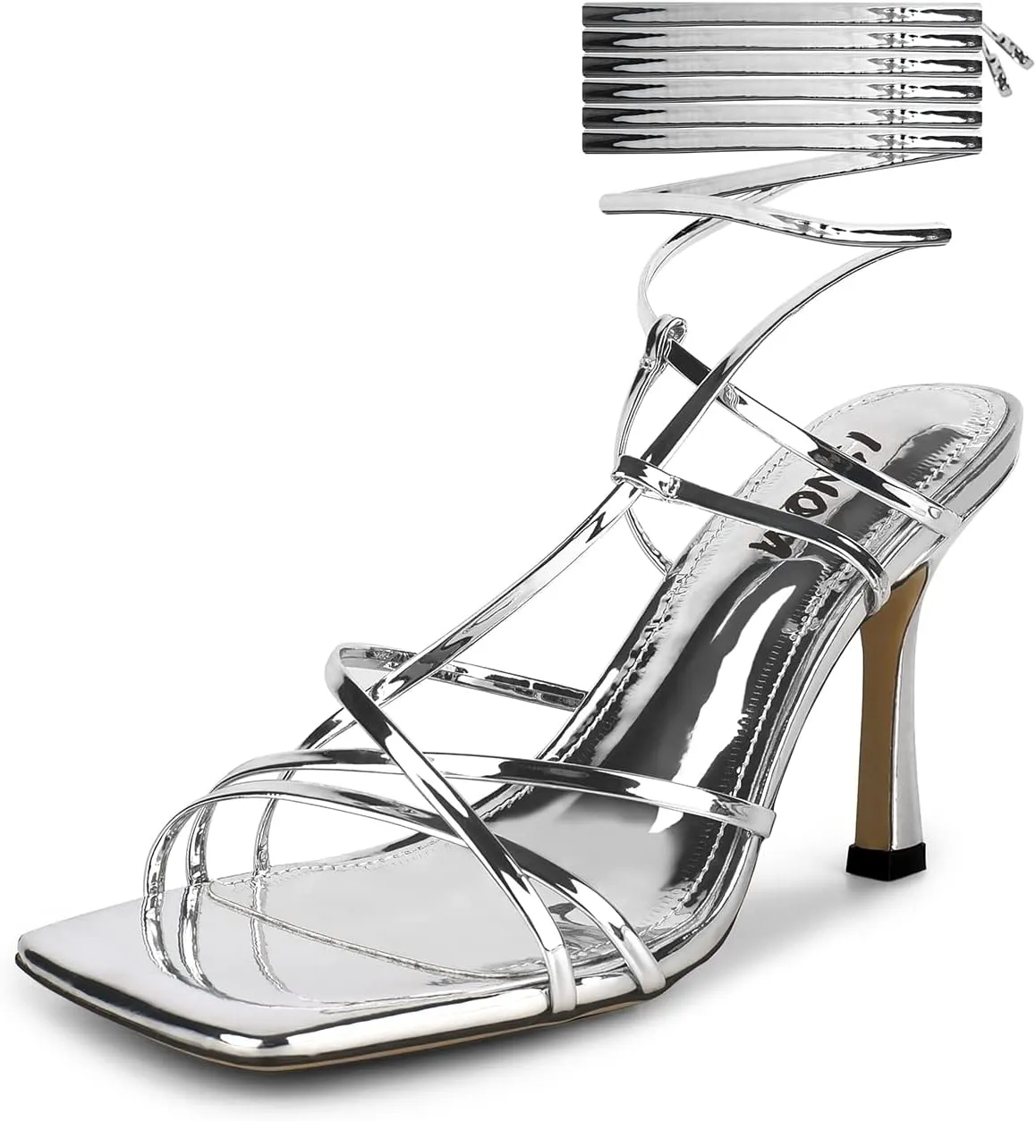 ISNOM Lace Up Heels Sandals for Women, Square Toe, Open Toe Thong, Stiletto Heels Design