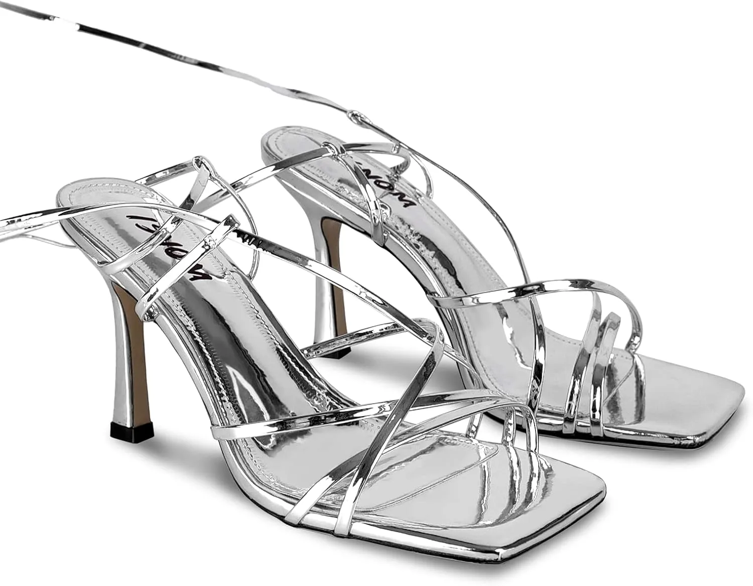 ISNOM Lace Up Heels Sandals for Women, Square Toe, Open Toe Thong, Stiletto Heels Design