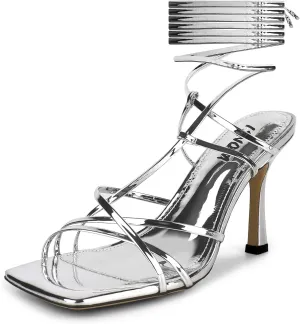 ISNOM Lace Up Heels Sandals for Women, Square Toe, Open Toe Thong, Stiletto Heels Design