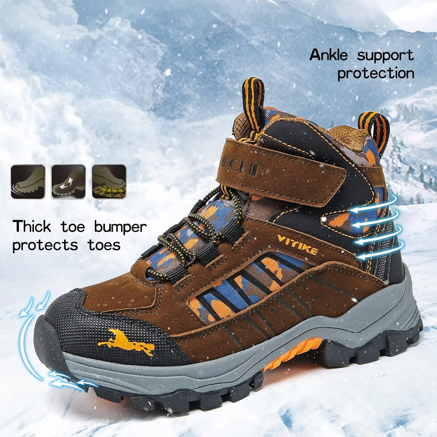 JMFCHI Kids Hiking Boots Boys Girls Outdoor Walking Climbing Sneaker Comfortable Non-slip Snow Shoes Hiker Boot Antiskid Steel Buckle Sole