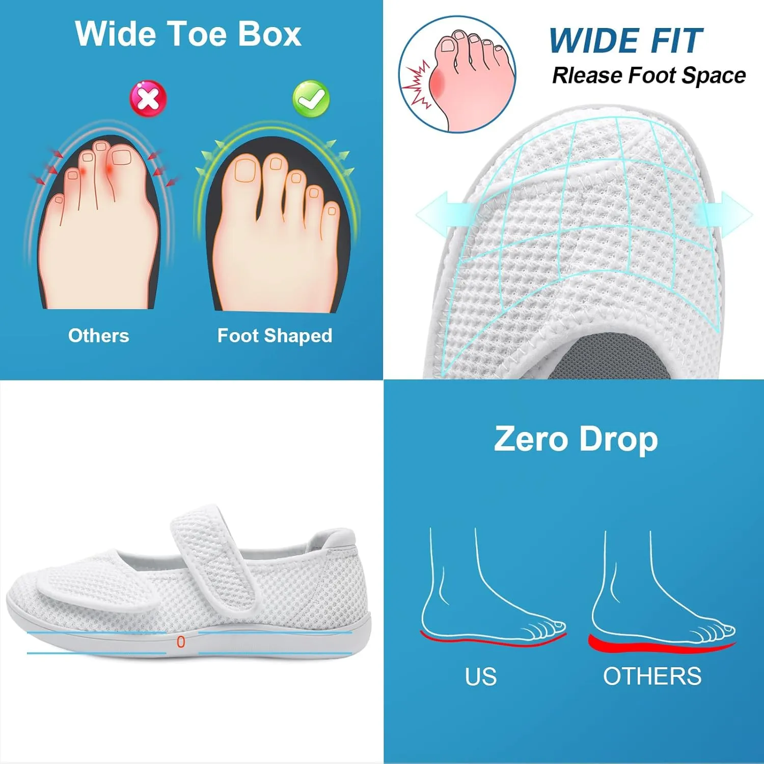 JOINFREE Womens Barefoot Walking Shoes Wide Diabetic Shoes Adjustable Mary Jane Shoes Flats Arthritis Edema Casual Shoes Breathable Slip on Sneakers Indoor Outdoor