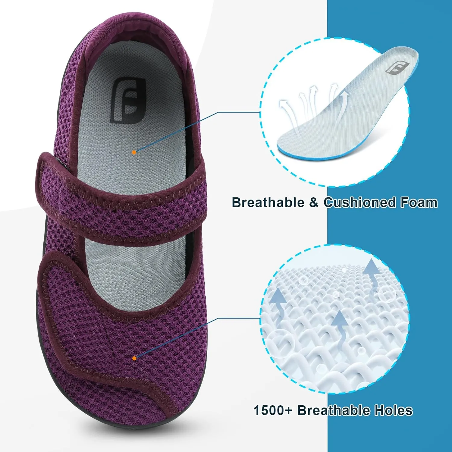 JOINFREE Womens Barefoot Walking Shoes Wide Diabetic Shoes Adjustable Mary Jane Shoes Flats Arthritis Edema Casual Shoes Breathable Slip on Sneakers Indoor Outdoor