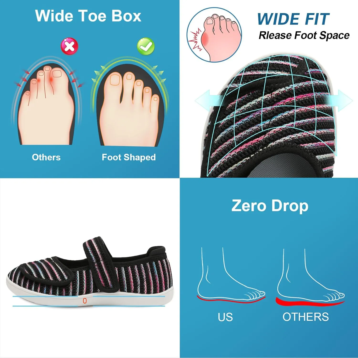 JOINFREE Womens Barefoot Walking Shoes Wide Diabetic Shoes Adjustable Mary Jane Shoes Flats Arthritis Edema Casual Shoes Breathable Slip on Sneakers Indoor Outdoor