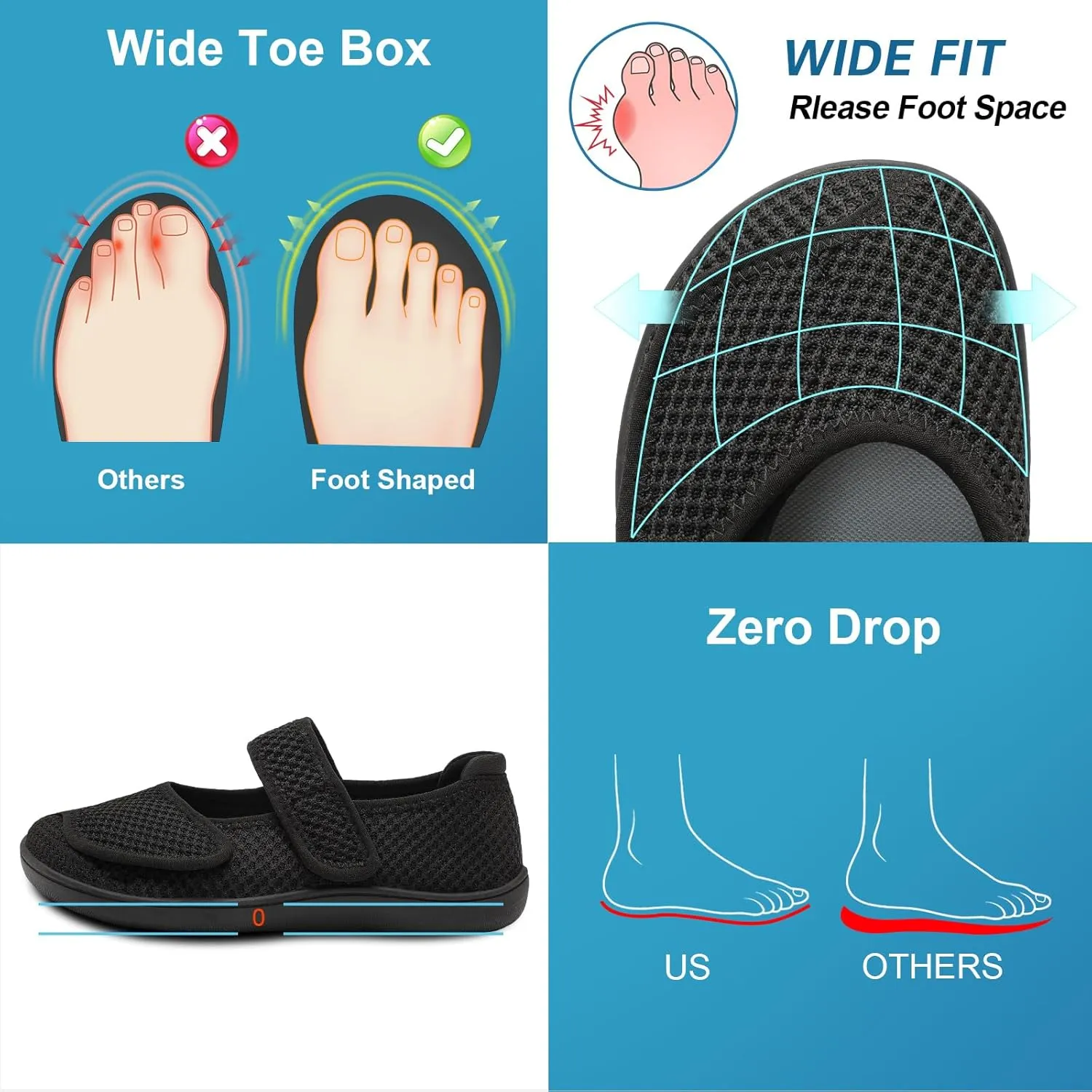 JOINFREE Womens Barefoot Walking Shoes Wide Diabetic Shoes Adjustable Mary Jane Shoes Flats Arthritis Edema Casual Shoes Breathable Slip on Sneakers Indoor Outdoor