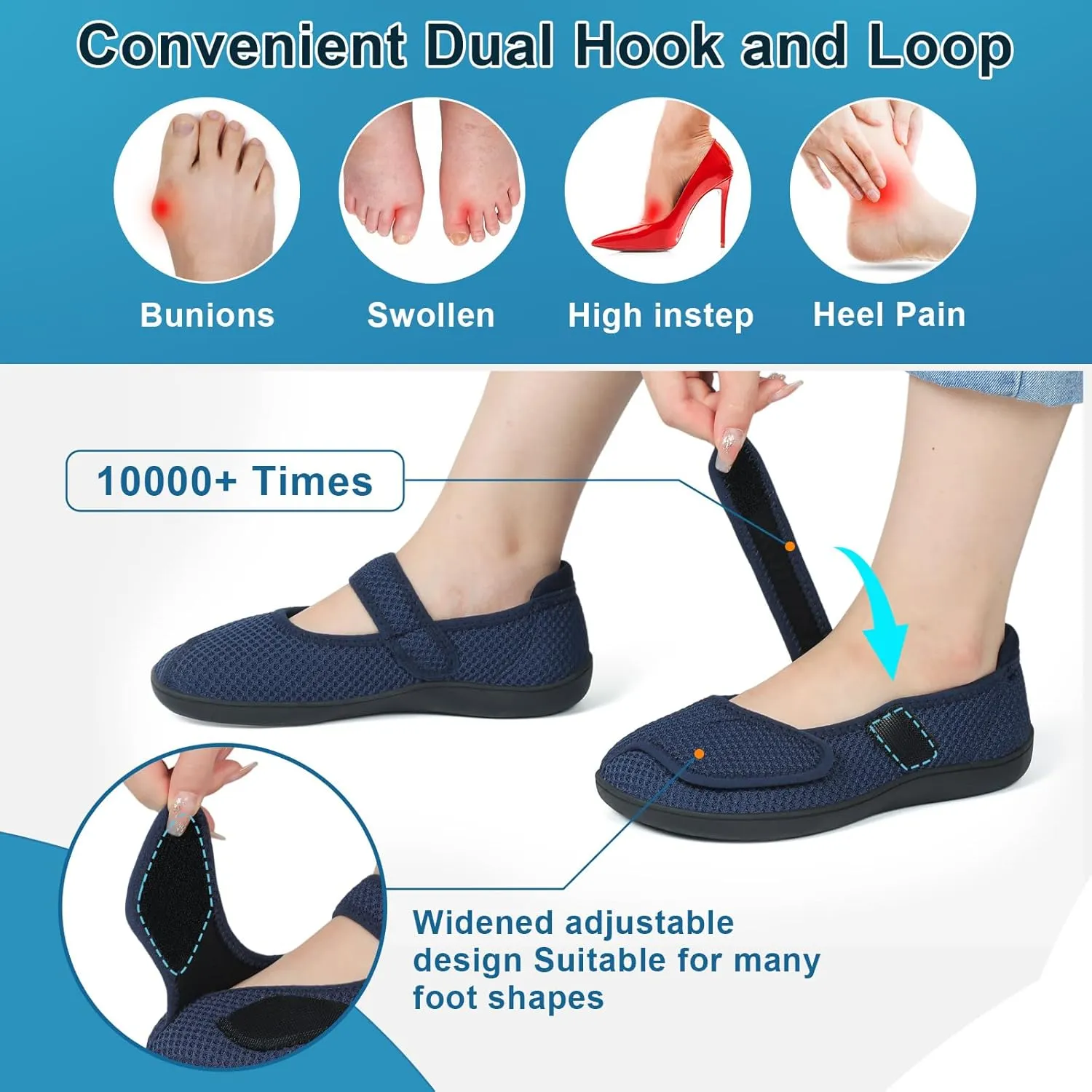 JOINFREE Womens Barefoot Walking Shoes Wide Diabetic Shoes Adjustable Mary Jane Shoes Flats Arthritis Edema Casual Shoes Breathable Slip on Sneakers Indoor Outdoor