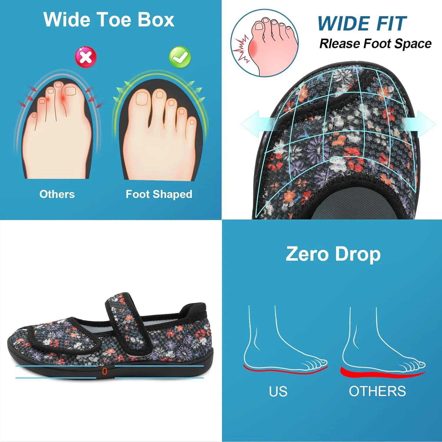 JOINFREE Womens Barefoot Walking Shoes Wide Diabetic Shoes Adjustable Mary Jane Shoes Flats Arthritis Edema Casual Shoes Breathable Slip on Sneakers Indoor Outdoor