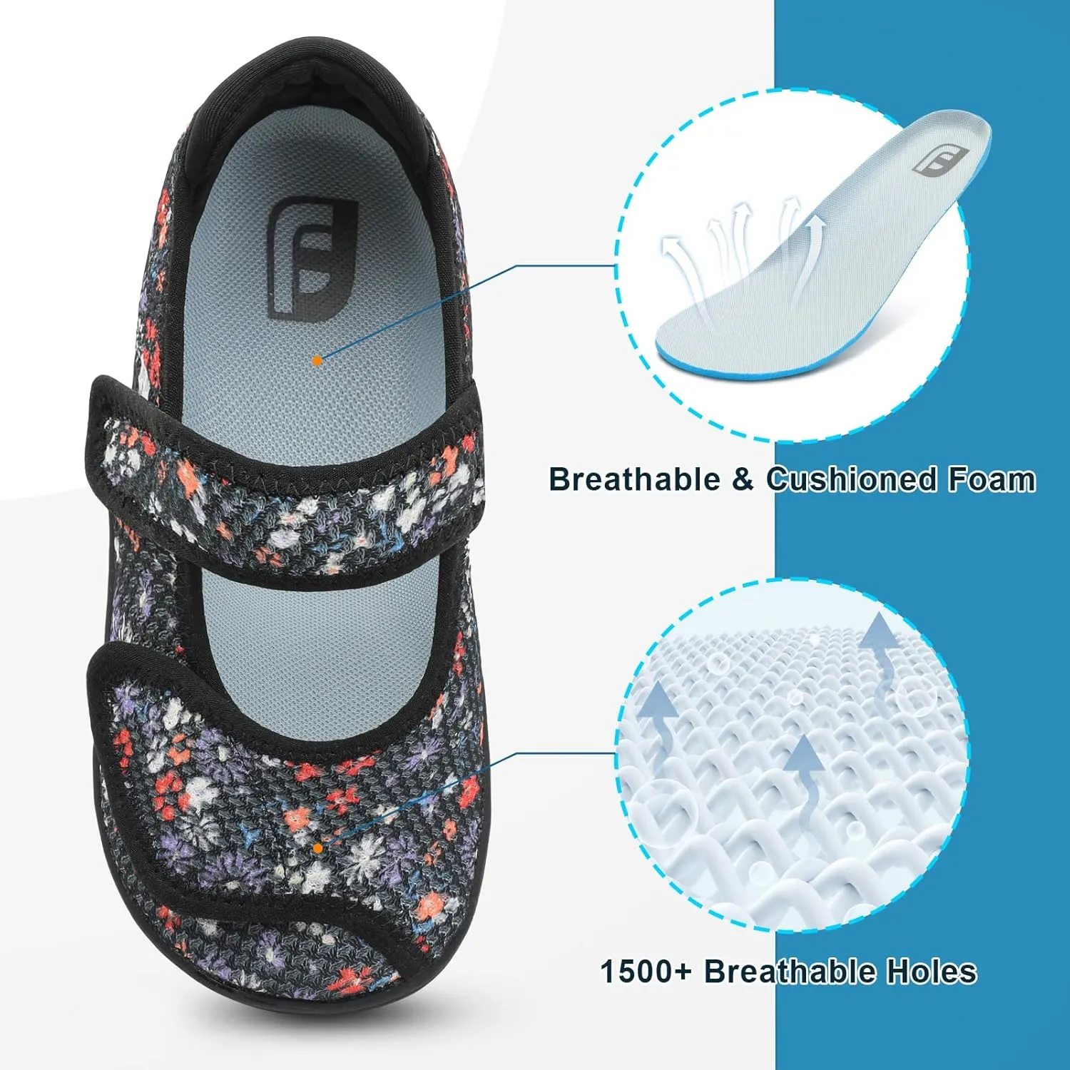 JOINFREE Womens Barefoot Walking Shoes Wide Diabetic Shoes Adjustable Mary Jane Shoes Flats Arthritis Edema Casual Shoes Breathable Slip on Sneakers Indoor Outdoor