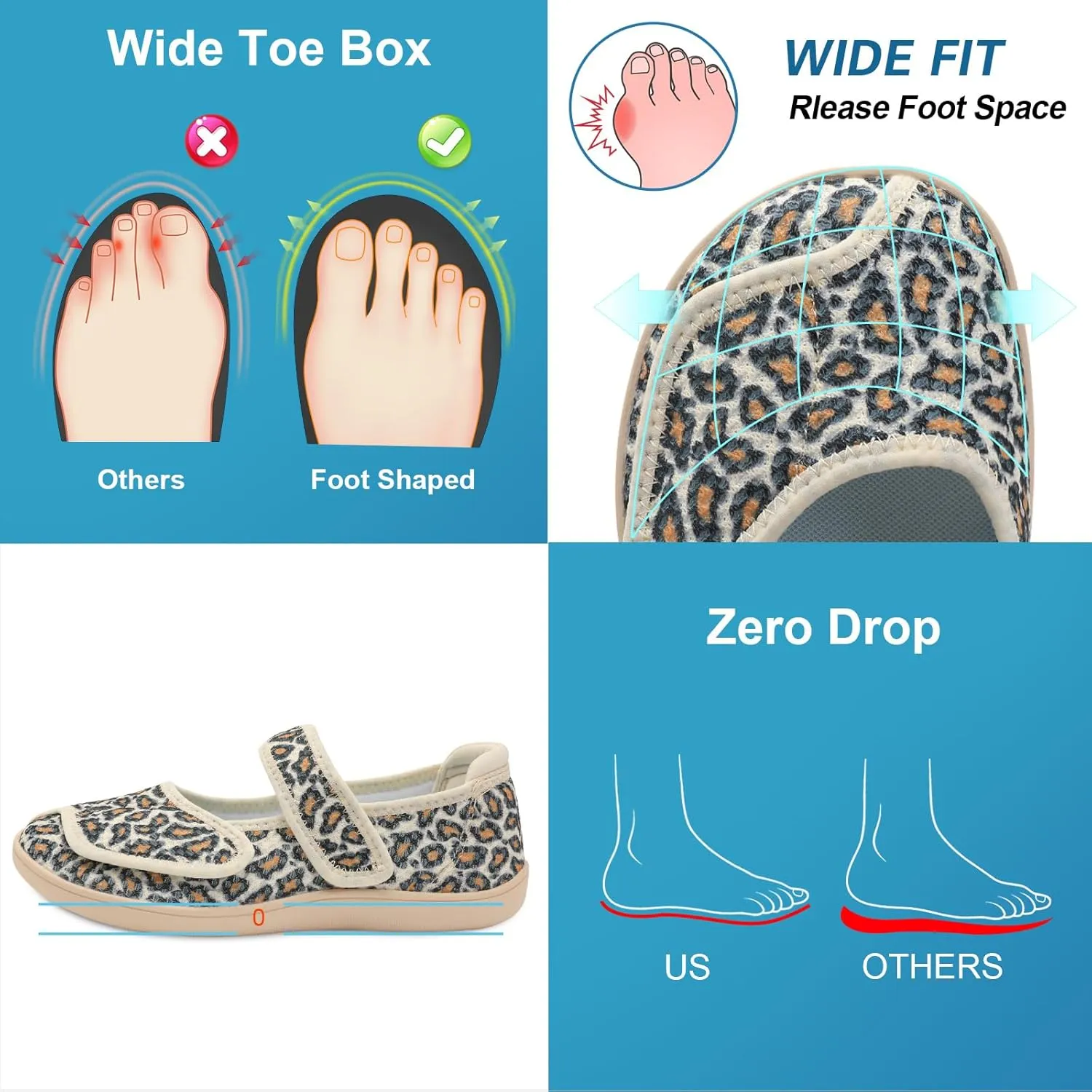 JOINFREE Womens Barefoot Walking Shoes Wide Diabetic Shoes Adjustable Mary Jane Shoes Flats Arthritis Edema Casual Shoes Breathable Slip on Sneakers Indoor Outdoor