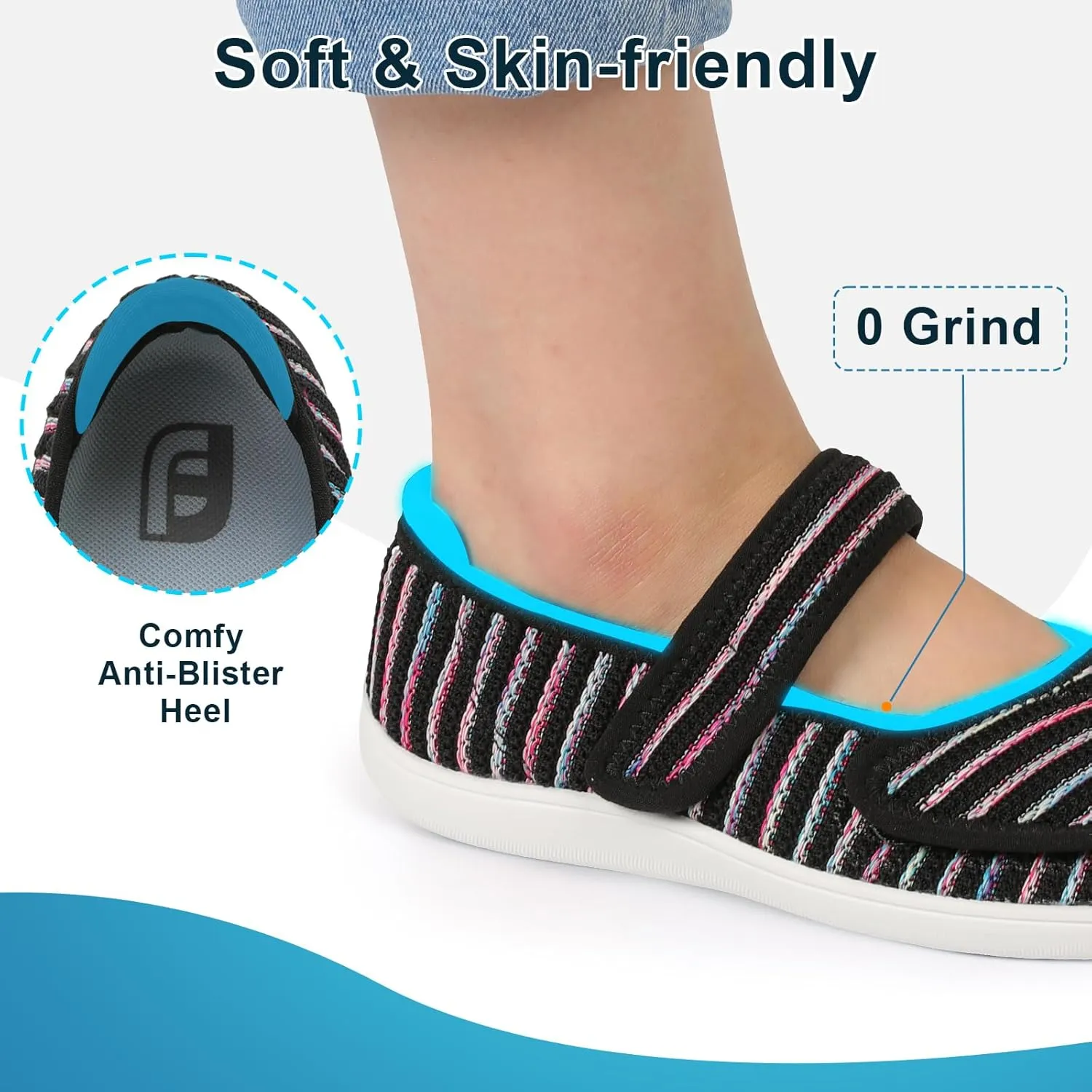 JOINFREE Womens Barefoot Walking Shoes Wide Diabetic Shoes Adjustable Mary Jane Shoes Flats Arthritis Edema Casual Shoes Breathable Slip on Sneakers Indoor Outdoor