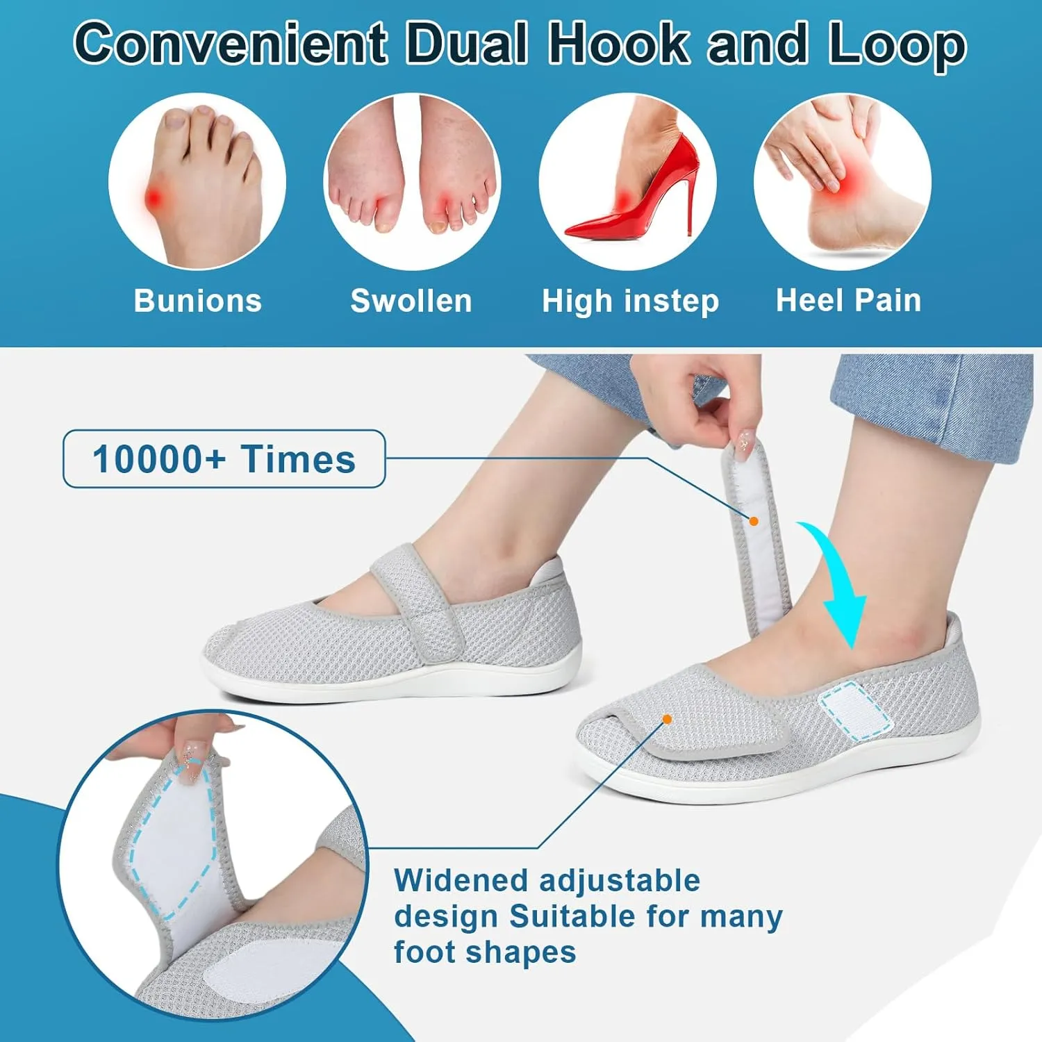 JOINFREE Womens Barefoot Walking Shoes Wide Diabetic Shoes Adjustable Mary Jane Shoes Flats Arthritis Edema Casual Shoes Breathable Slip on Sneakers Indoor Outdoor
