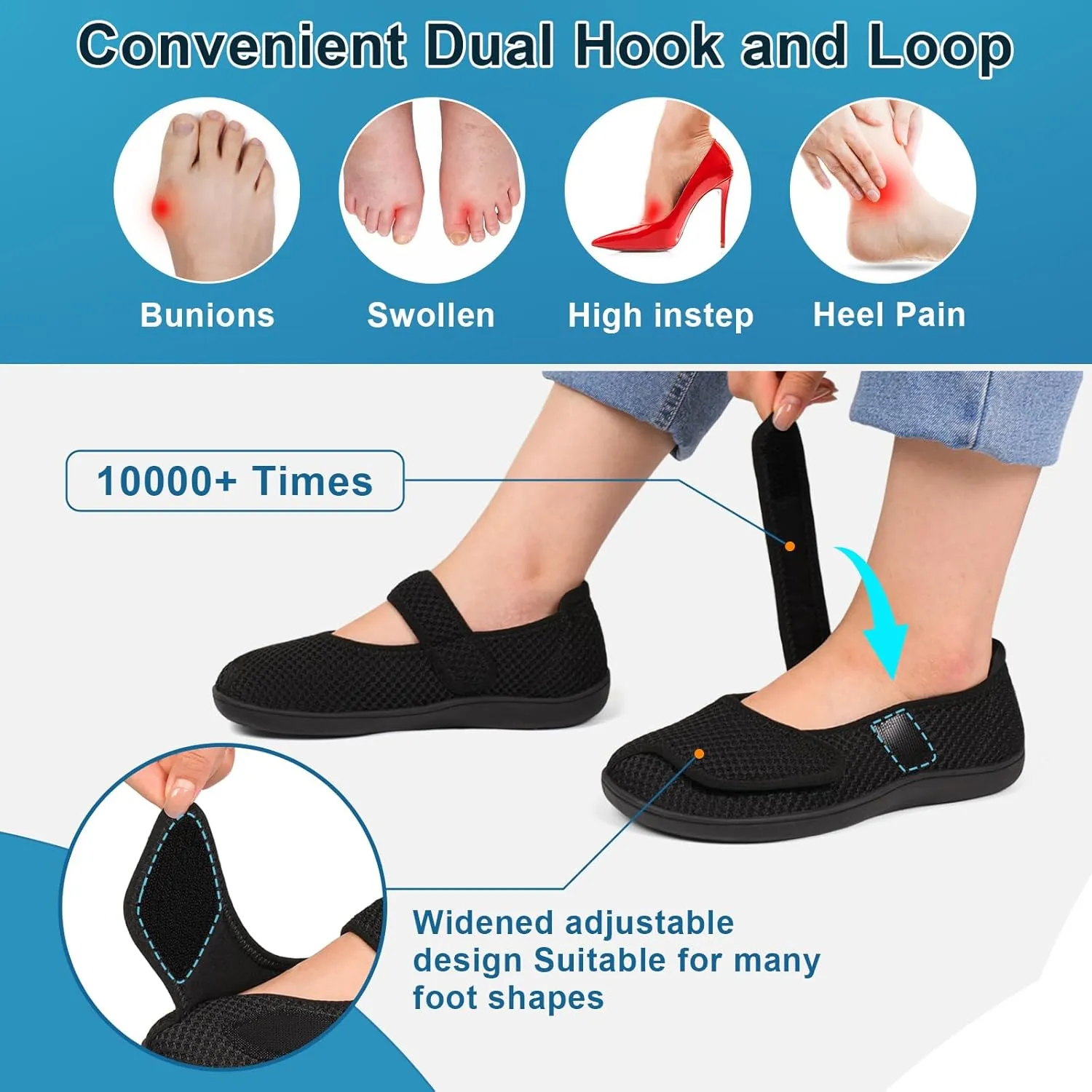 JOINFREE Womens Barefoot Walking Shoes Wide Diabetic Shoes Adjustable Mary Jane Shoes Flats Arthritis Edema Casual Shoes Breathable Slip on Sneakers Indoor Outdoor