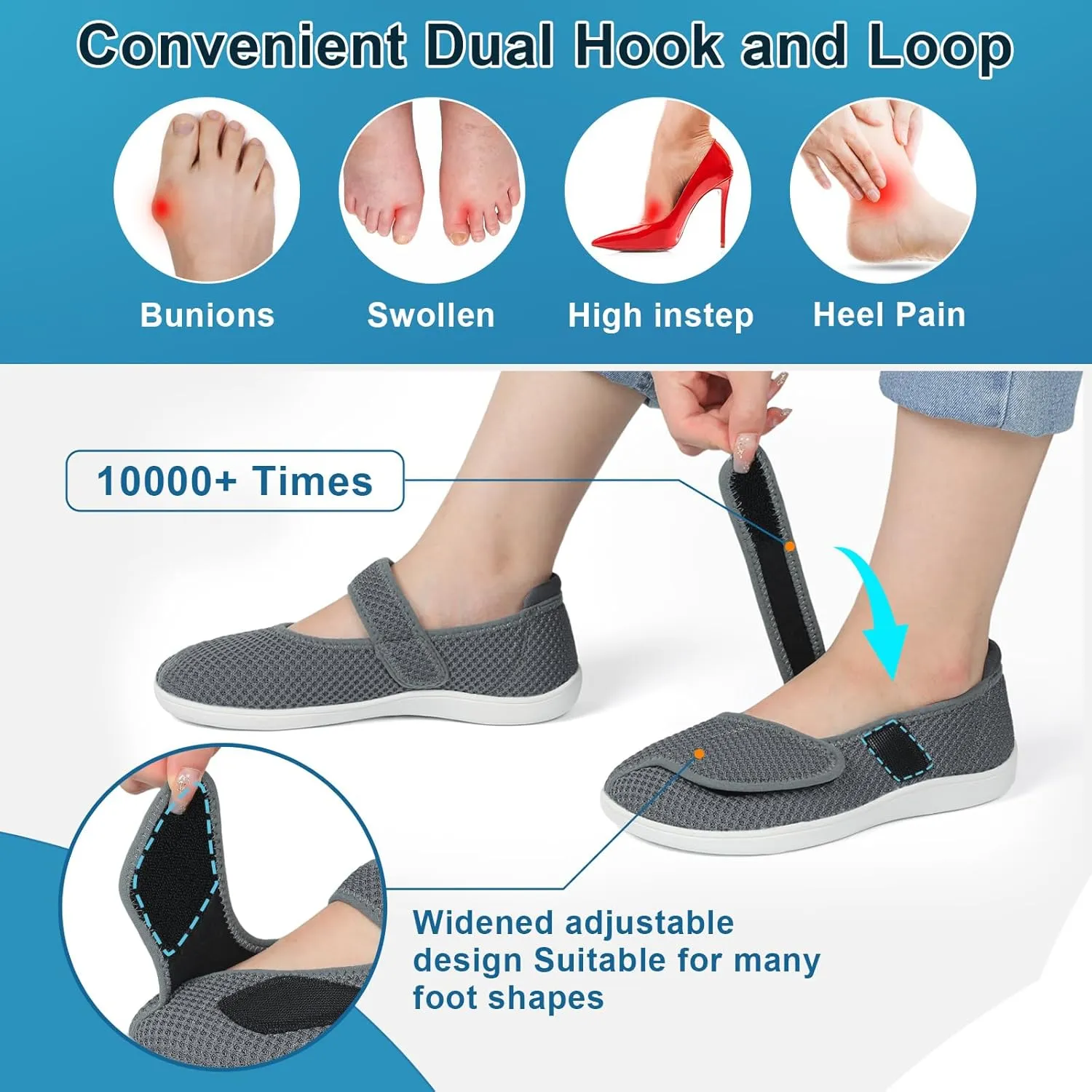 JOINFREE Womens Barefoot Walking Shoes Wide Diabetic Shoes Adjustable Mary Jane Shoes Flats Arthritis Edema Casual Shoes Breathable Slip on Sneakers Indoor Outdoor