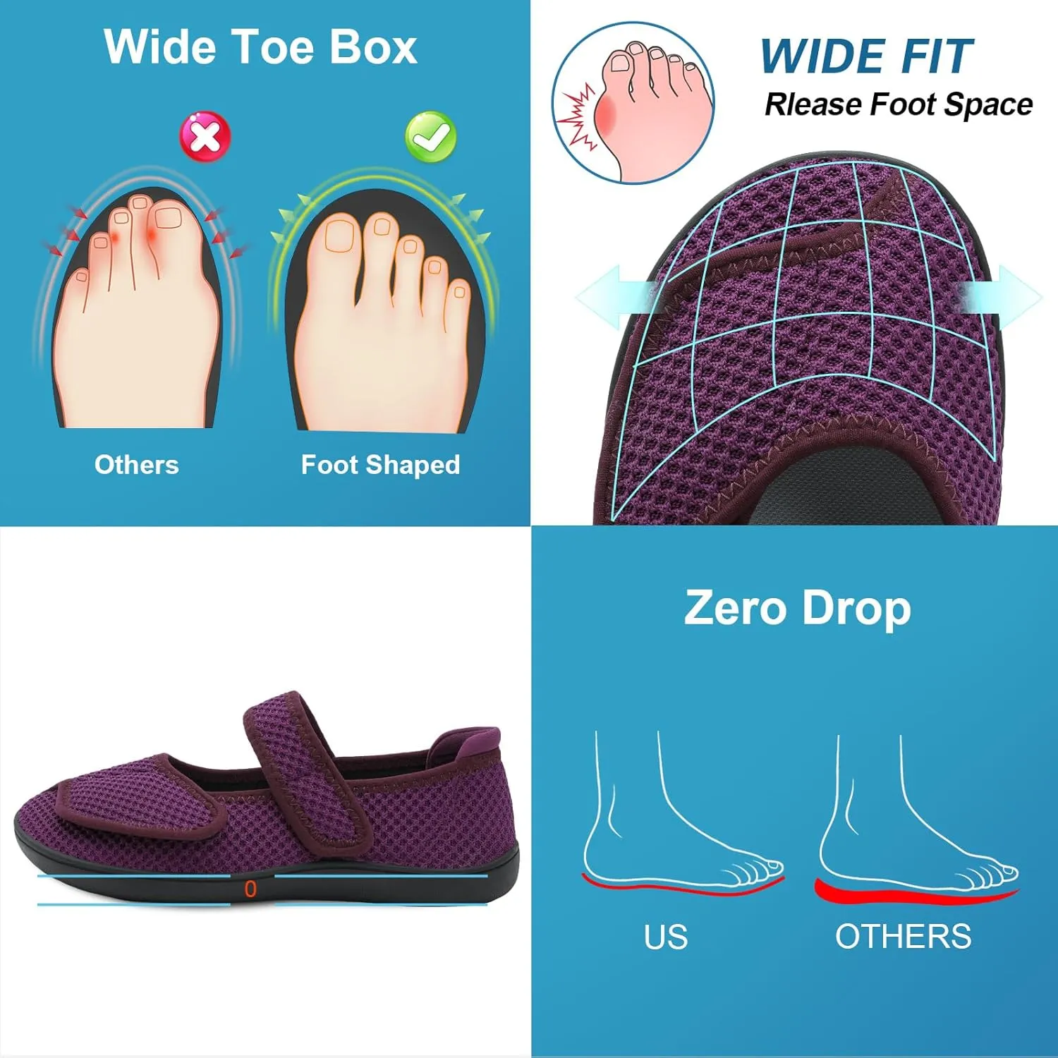 JOINFREE Womens Barefoot Walking Shoes Wide Diabetic Shoes Adjustable Mary Jane Shoes Flats Arthritis Edema Casual Shoes Breathable Slip on Sneakers Indoor Outdoor