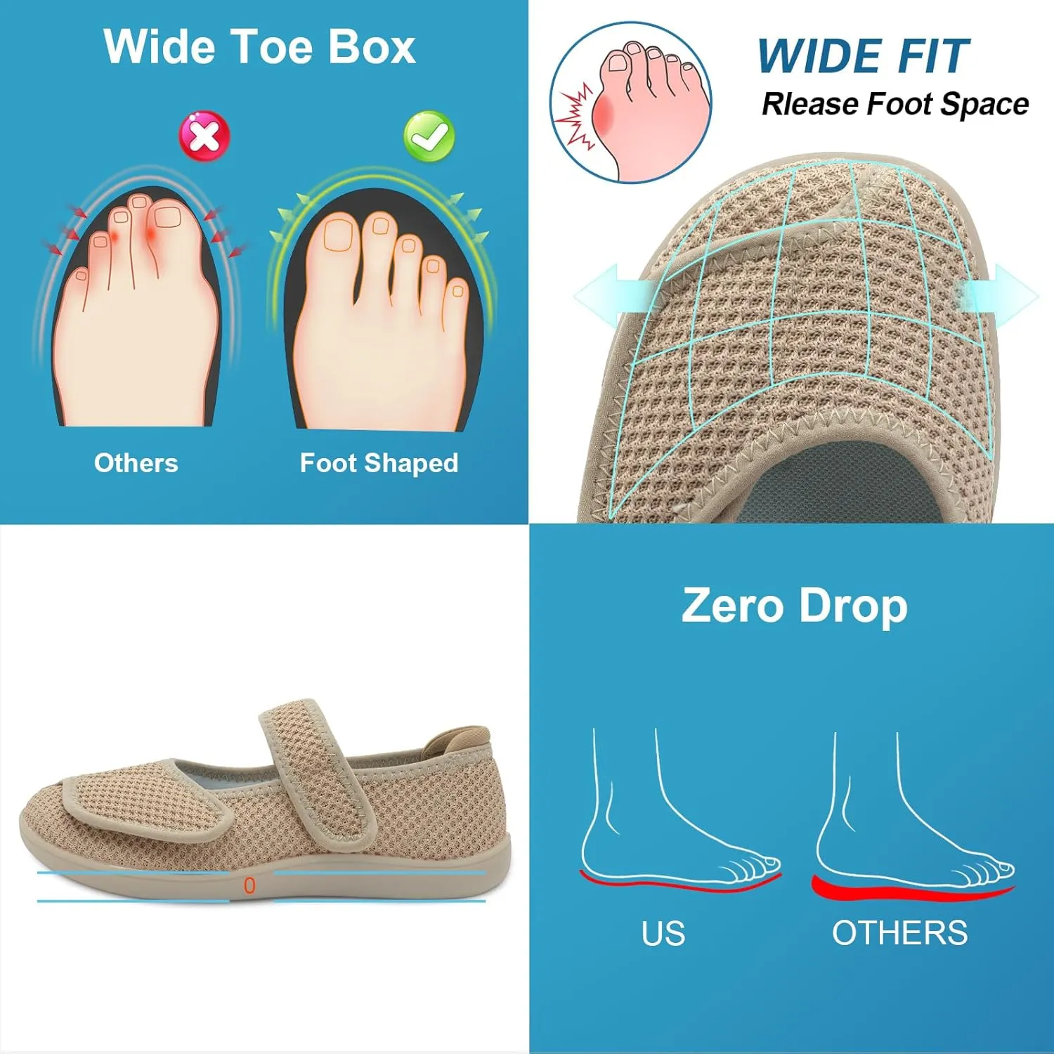 JOINFREE Womens Barefoot Walking Shoes Wide Diabetic Shoes Adjustable Mary Jane Shoes Flats Arthritis Edema Casual Shoes Breathable Slip on Sneakers Indoor Outdoor