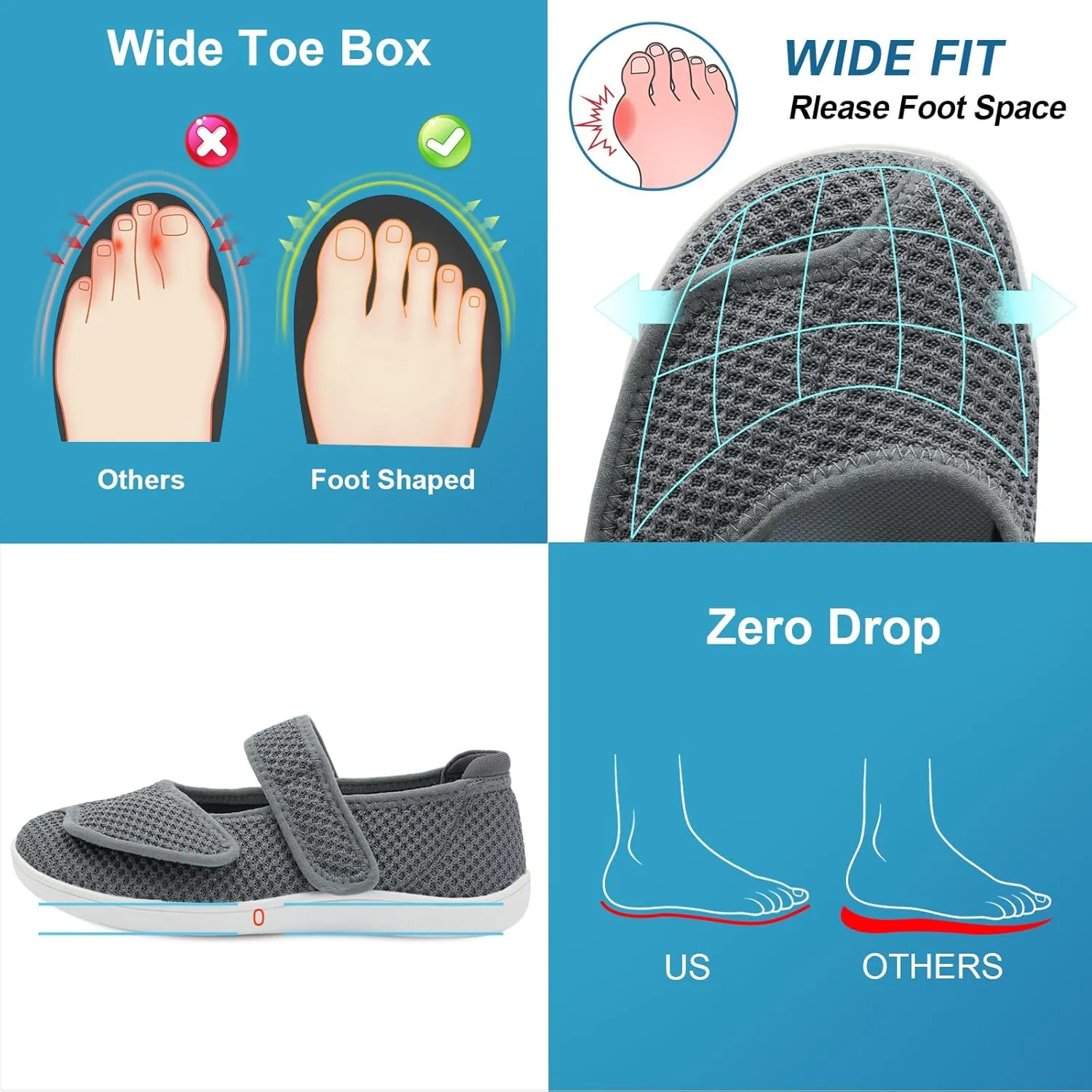 JOINFREE Womens Barefoot Walking Shoes Wide Diabetic Shoes Adjustable Mary Jane Shoes Flats Arthritis Edema Casual Shoes Breathable Slip on Sneakers Indoor Outdoor