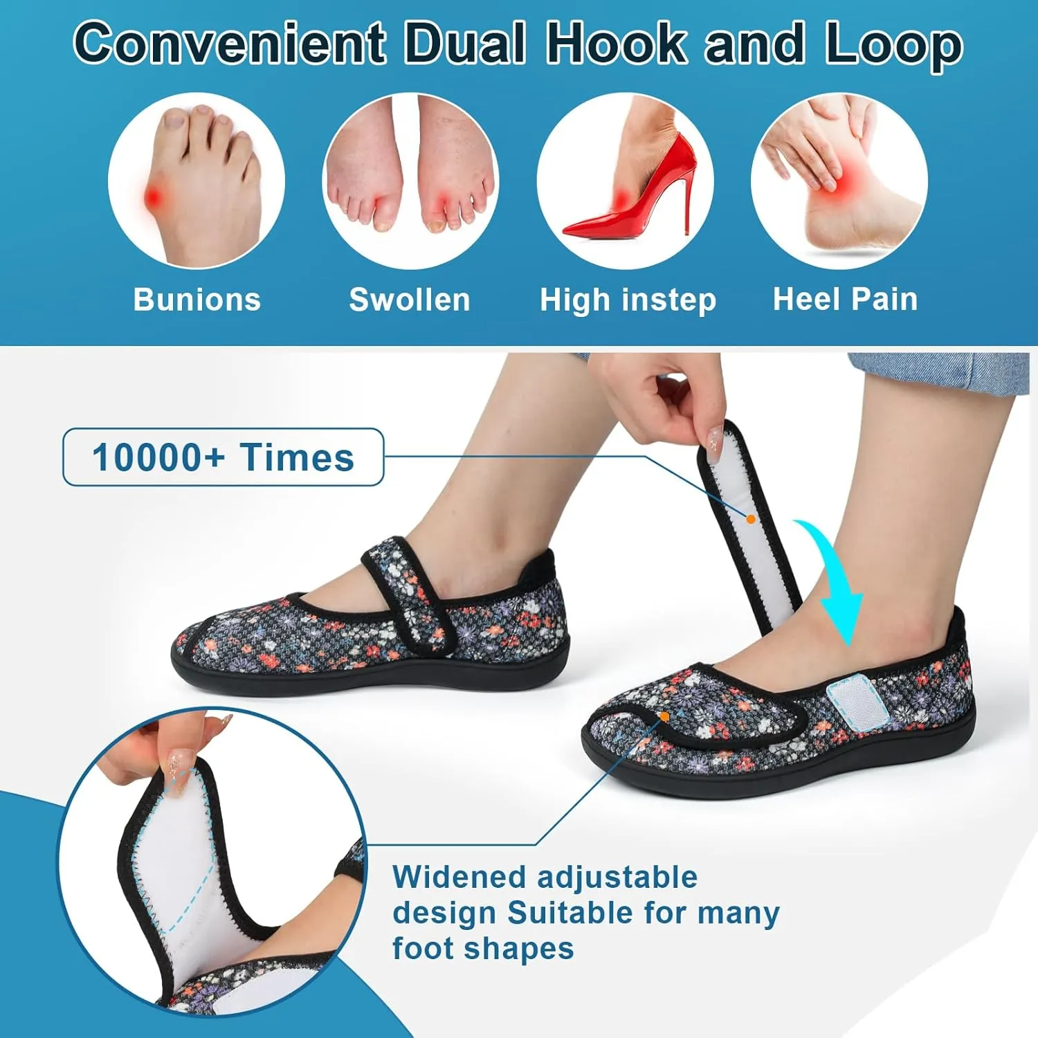JOINFREE Womens Barefoot Walking Shoes Wide Diabetic Shoes Adjustable Mary Jane Shoes Flats Arthritis Edema Casual Shoes Breathable Slip on Sneakers Indoor Outdoor
