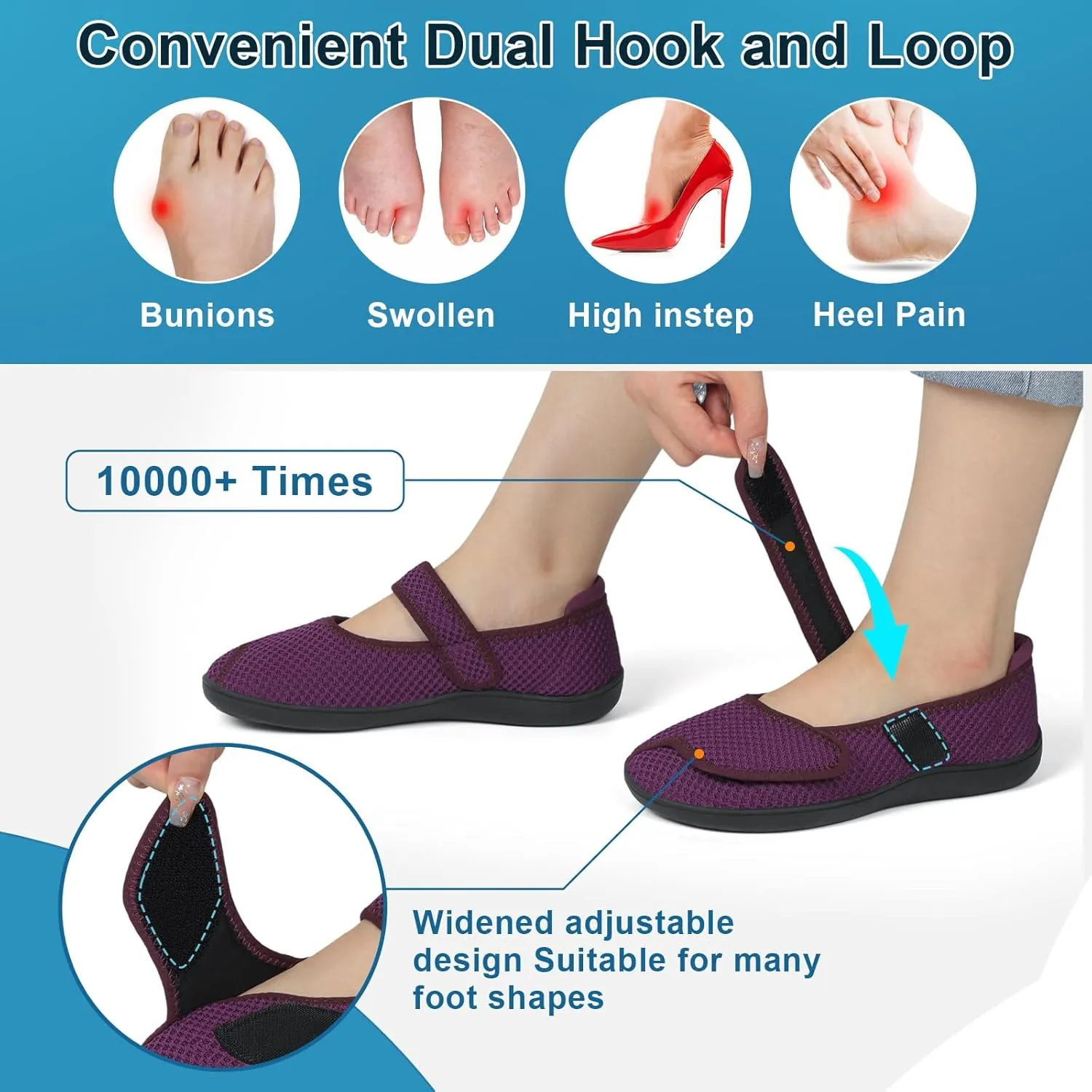 JOINFREE Womens Barefoot Walking Shoes Wide Diabetic Shoes Adjustable Mary Jane Shoes Flats Arthritis Edema Casual Shoes Breathable Slip on Sneakers Indoor Outdoor