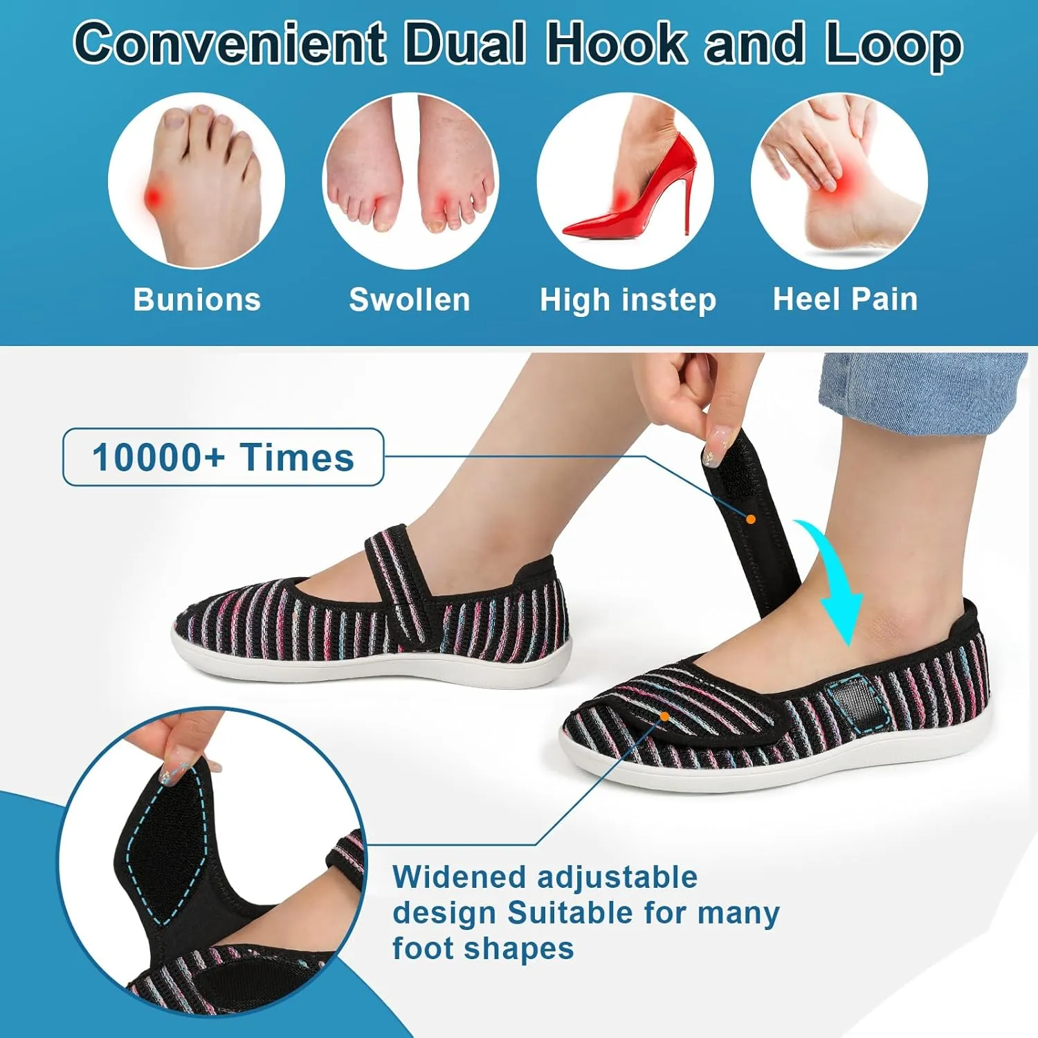 JOINFREE Womens Barefoot Walking Shoes Wide Diabetic Shoes Adjustable Mary Jane Shoes Flats Arthritis Edema Casual Shoes Breathable Slip on Sneakers Indoor Outdoor