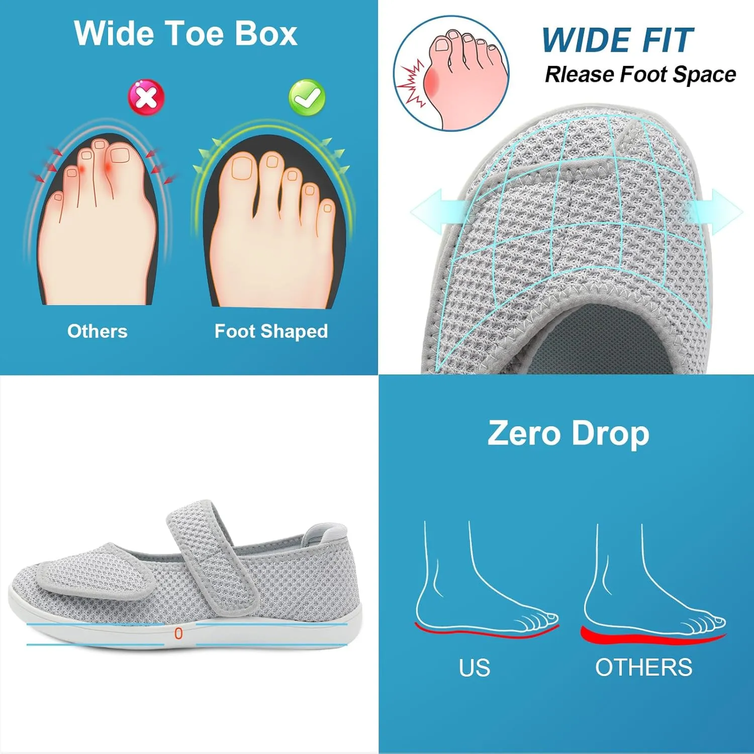 JOINFREE Womens Barefoot Walking Shoes Wide Diabetic Shoes Adjustable Mary Jane Shoes Flats Arthritis Edema Casual Shoes Breathable Slip on Sneakers Indoor Outdoor