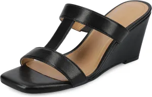Journee Womens Wedge Heel Sandal Clodie cushioned footbed Faux Leather T Strap Open Toe