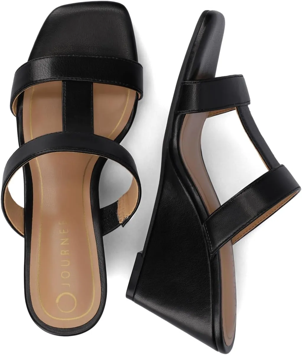 Journee Womens Wedge Heel Sandal Clodie cushioned footbed Faux Leather T Strap Open Toe