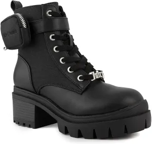 JUICY COUTURE Women's Lace Up Lug Sole Hiker Booties with Faux Fur Cuff, Winter Fashion Ankle Boots, Outdoor Hiking Shoes